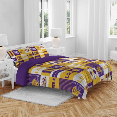 LSU Tigers Pegasus Patchwork Plaid Three-Piece Full/Queen Bed in a Bag Set