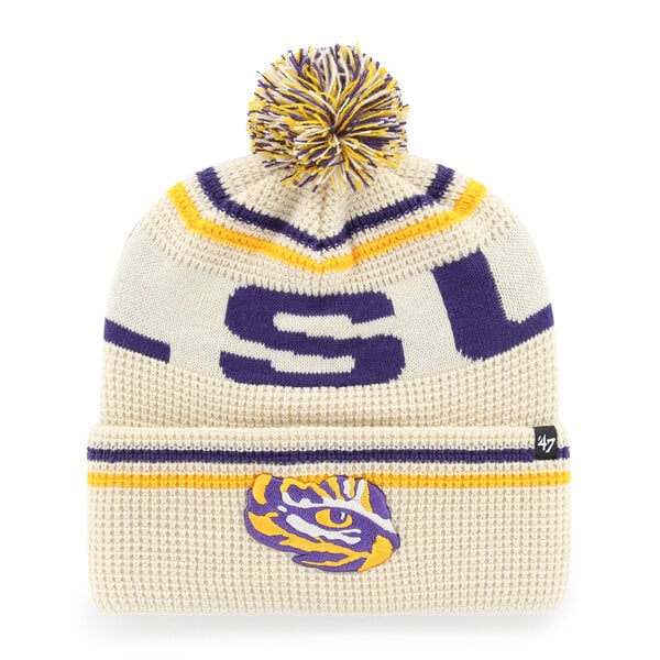 Bonnet unisexe '47 crème LSU Tigers Quattrle en maille gaufrée à revers avec pompon