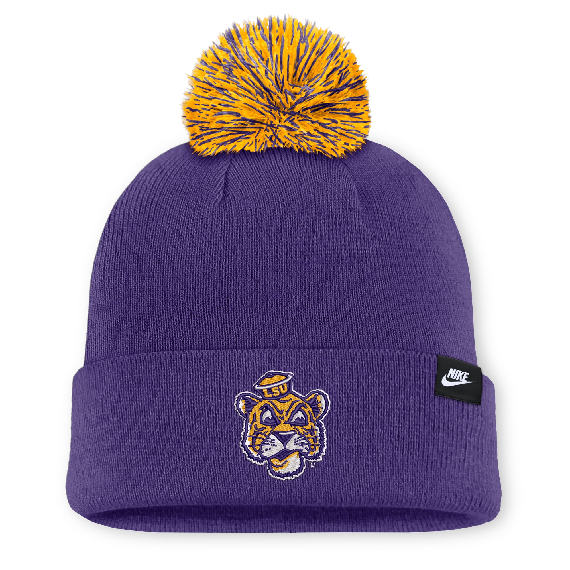 Bonnet unisexe Nike blanc à pompon avec logo LSU Tigers et lettre.