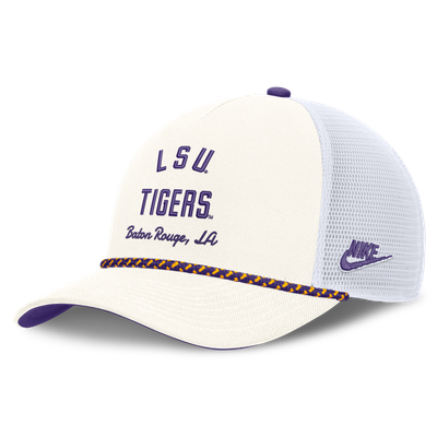 Casquette trucker unisexe Nike LSU Tigers, modèle LSU Tigers, ajustable, blanche.