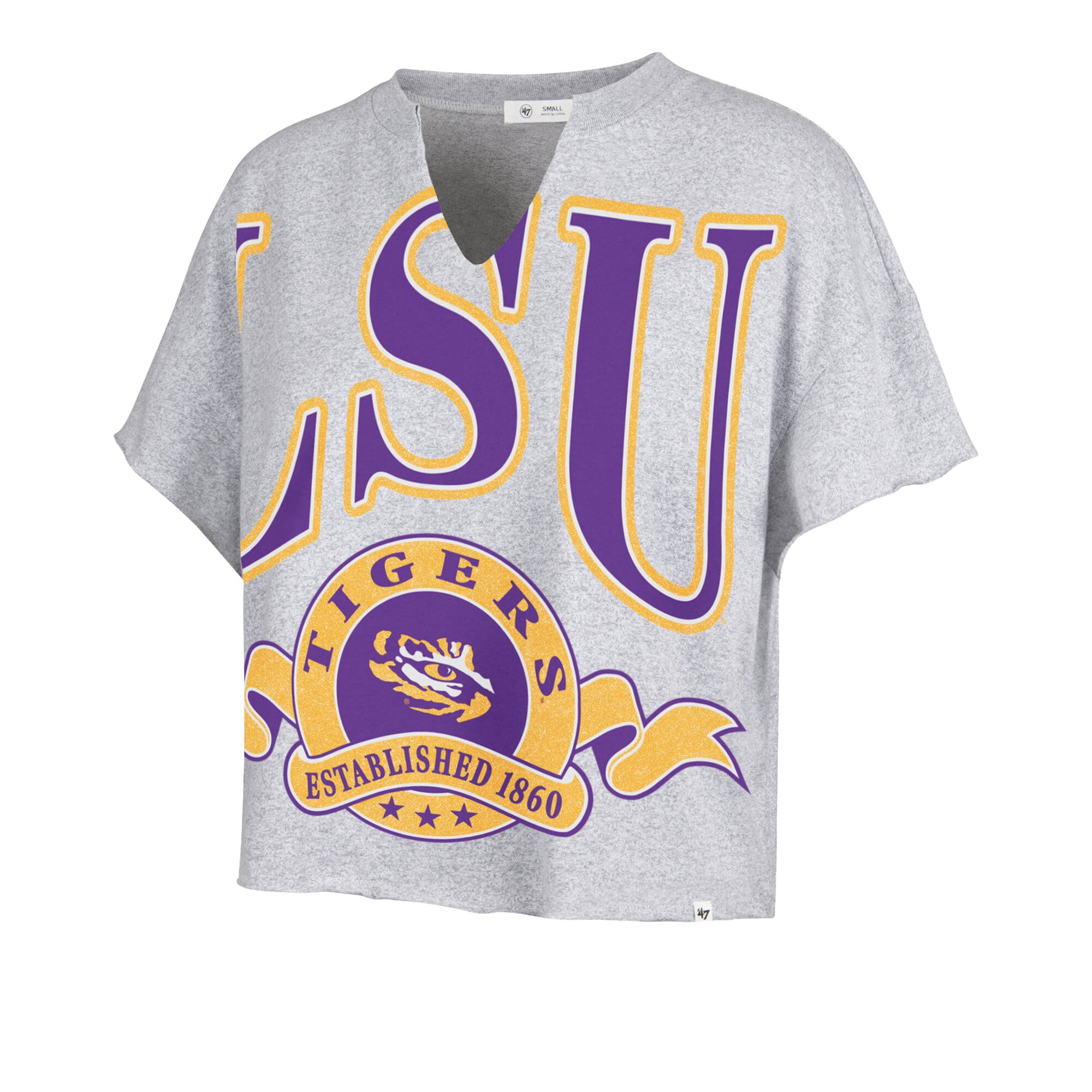 Women's '47 Gray LSU Tigers Banners Out Oversized Notch-Neck T-Shirt