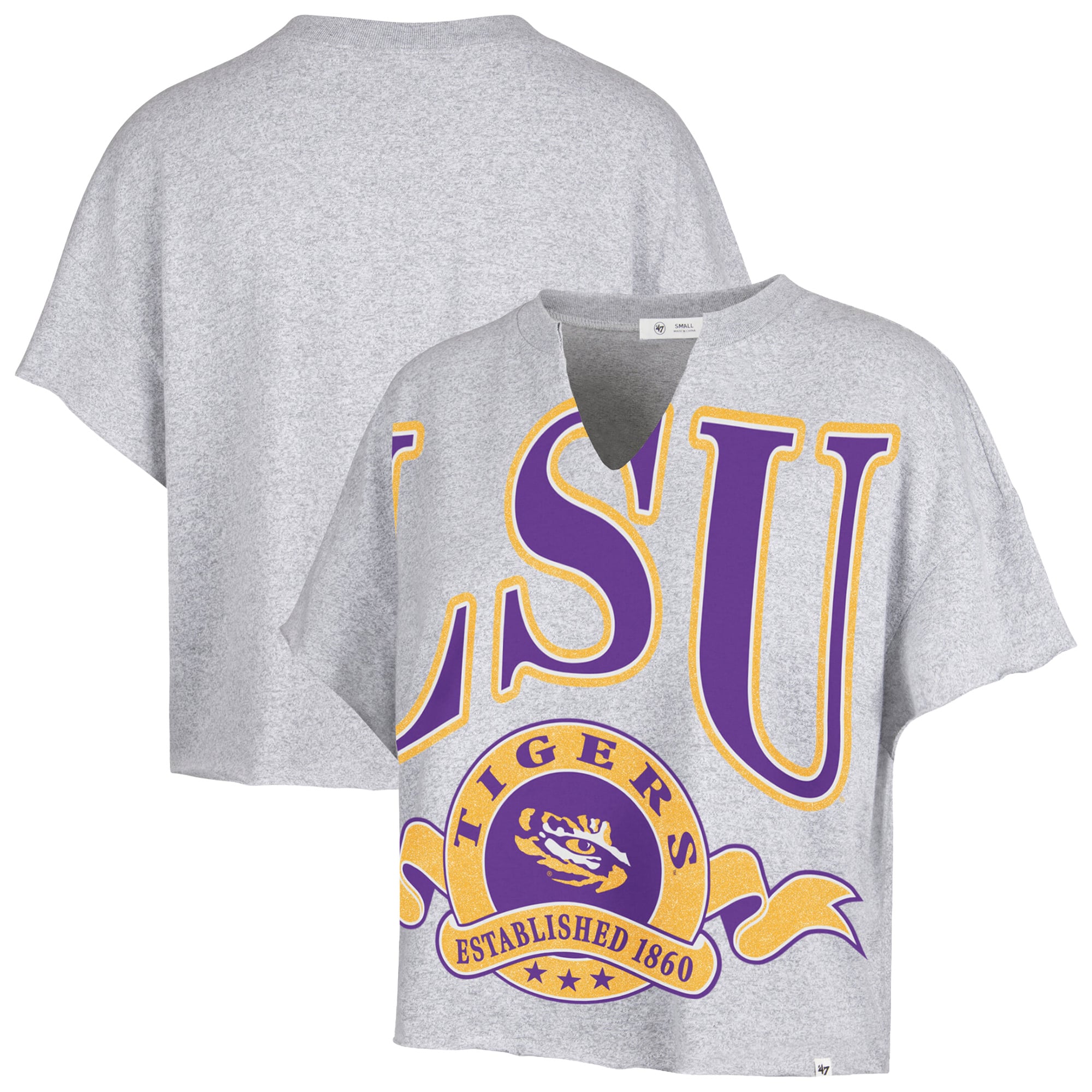 Women's '47 Gray LSU Tigers Banners Out Oversized Notch-Neck T-Shirt