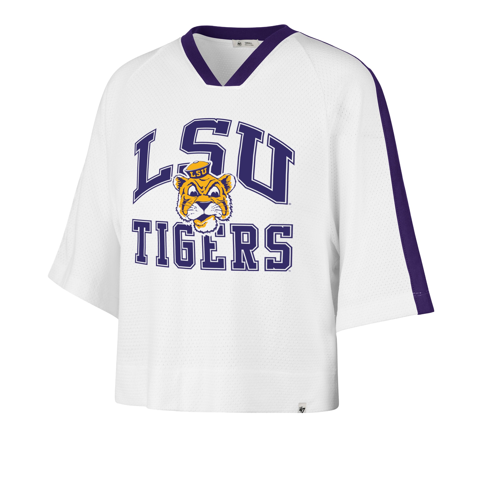 T-shirt raglan à col en V pour femme, modèle 47 blanc LSU Tigers.