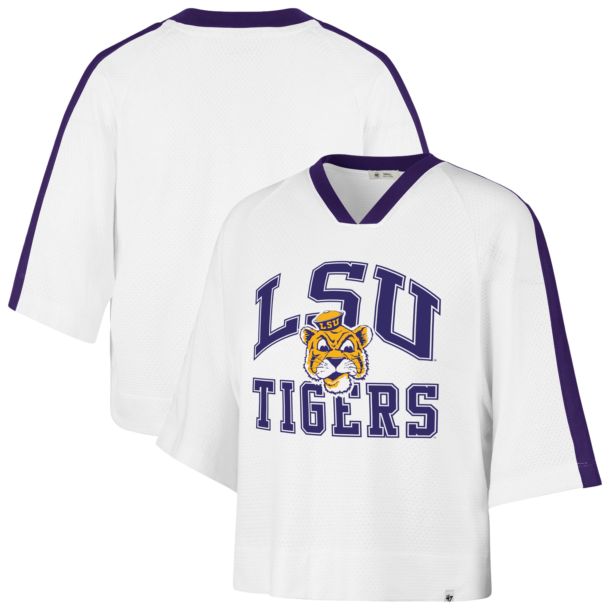 T-shirt raglan à col en V pour femme, modèle 47 blanc LSU Tigers.