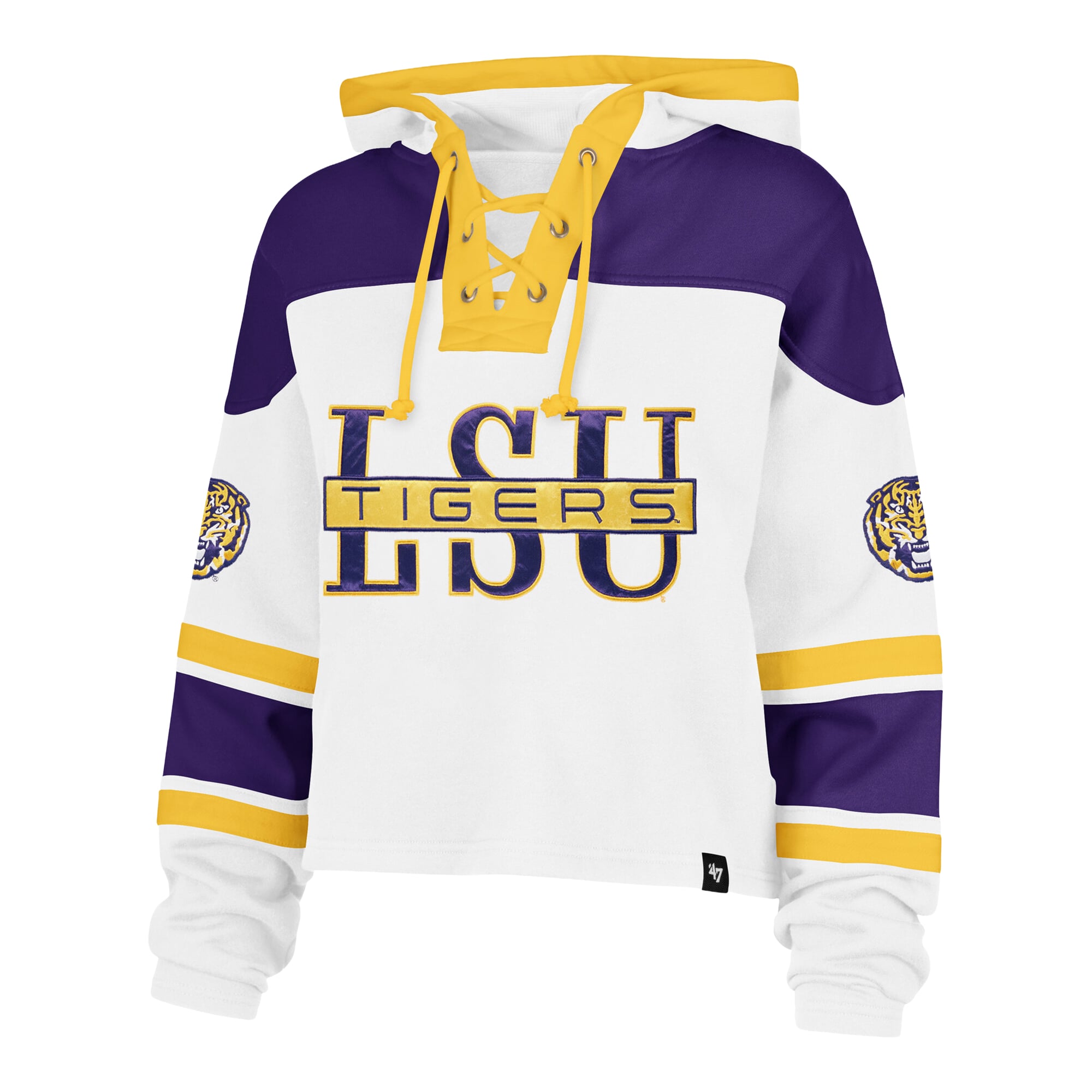 Sweat à capuche court lacets Superior pour femme, modèle 47 blanc LSU Tigers.