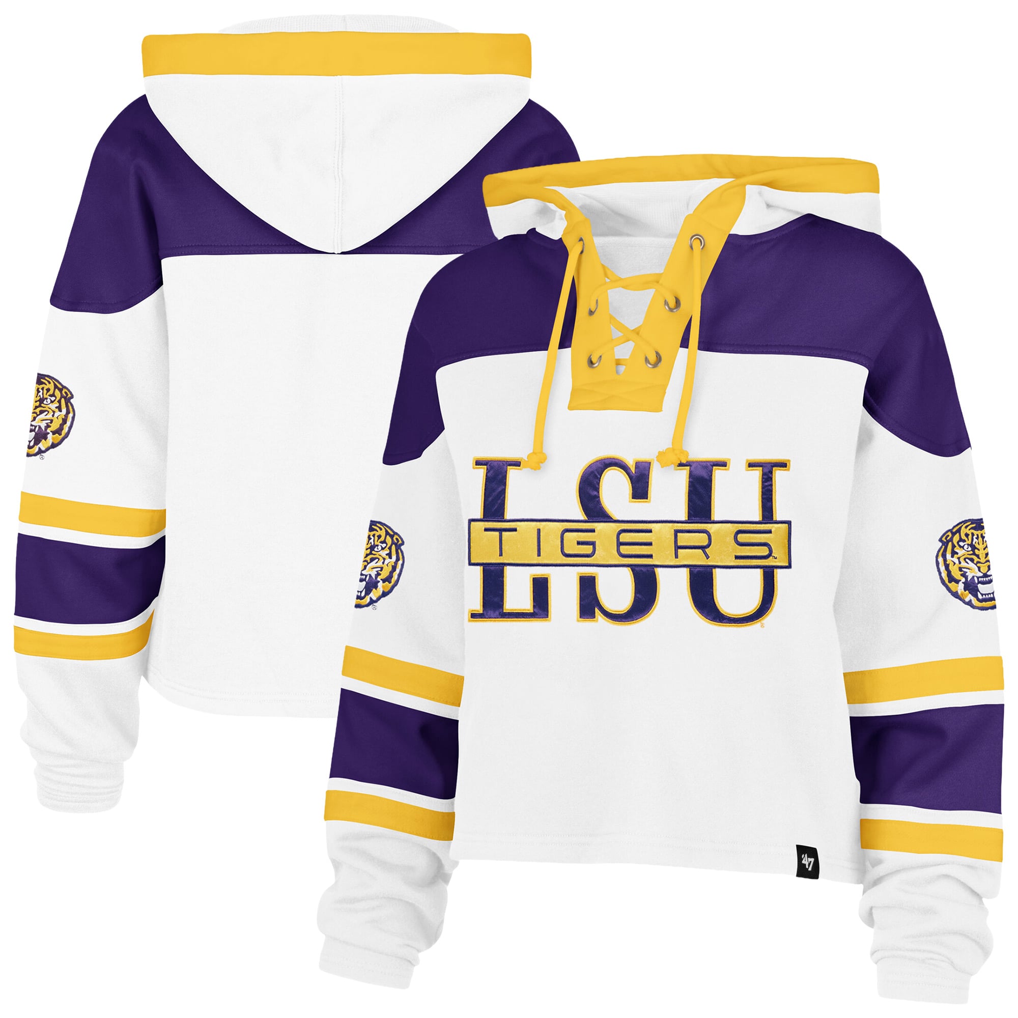 Sweat à capuche court lacets Superior pour femme, modèle 47 blanc LSU Tigers.