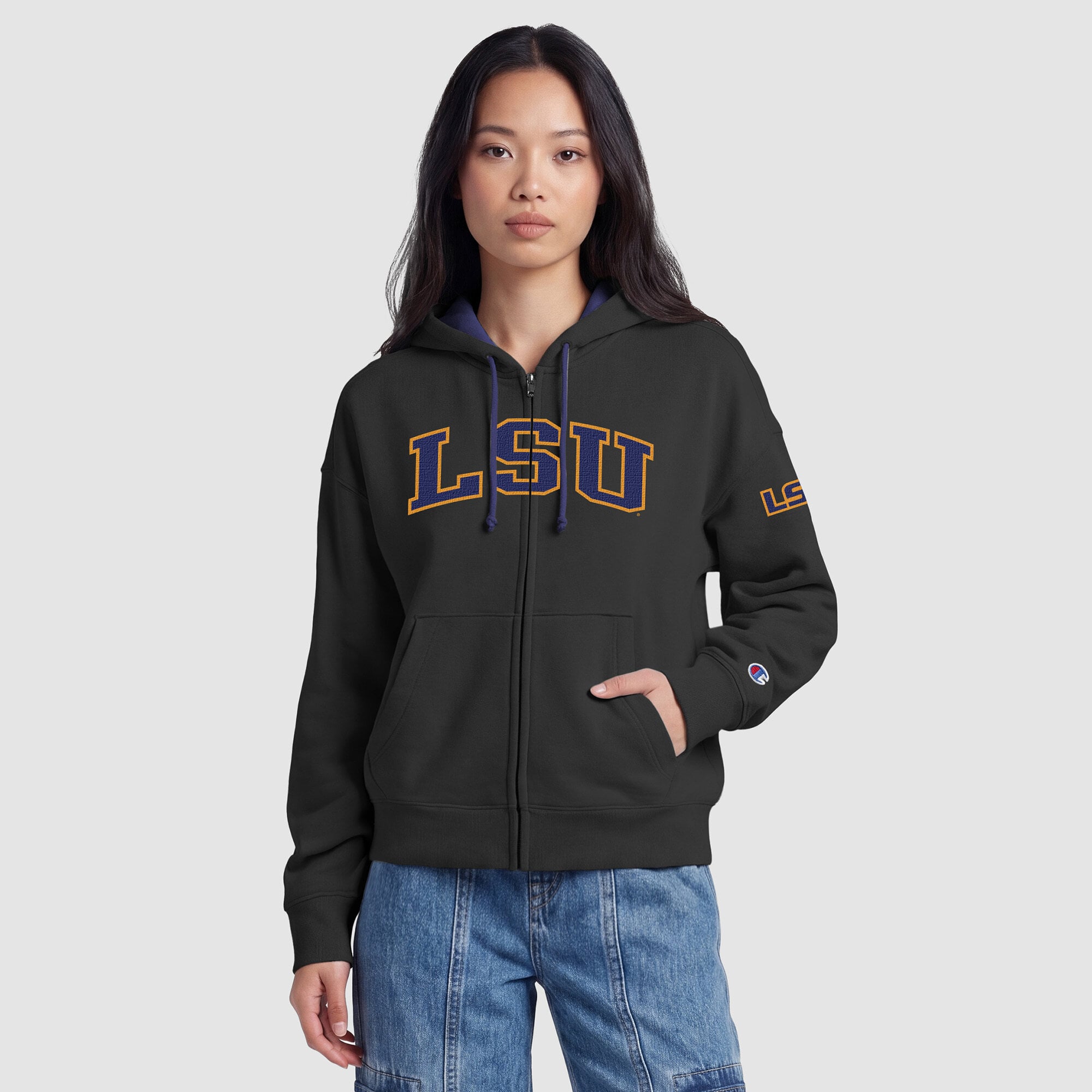 Sweat à capuche zippé en polaire Champion Black LSU Tigers Arch pour femme