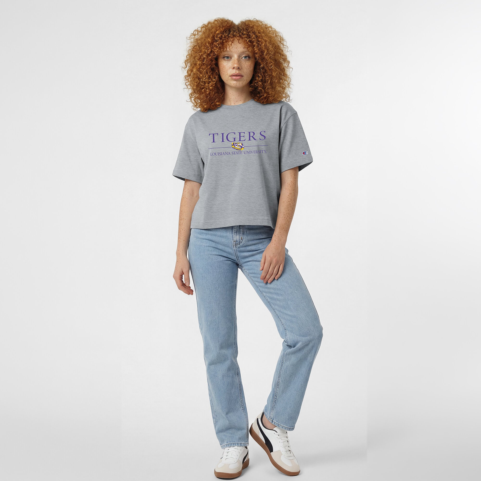 Women's Champion Gray LSU Tigers Waist Length Wordmark T-Shirt