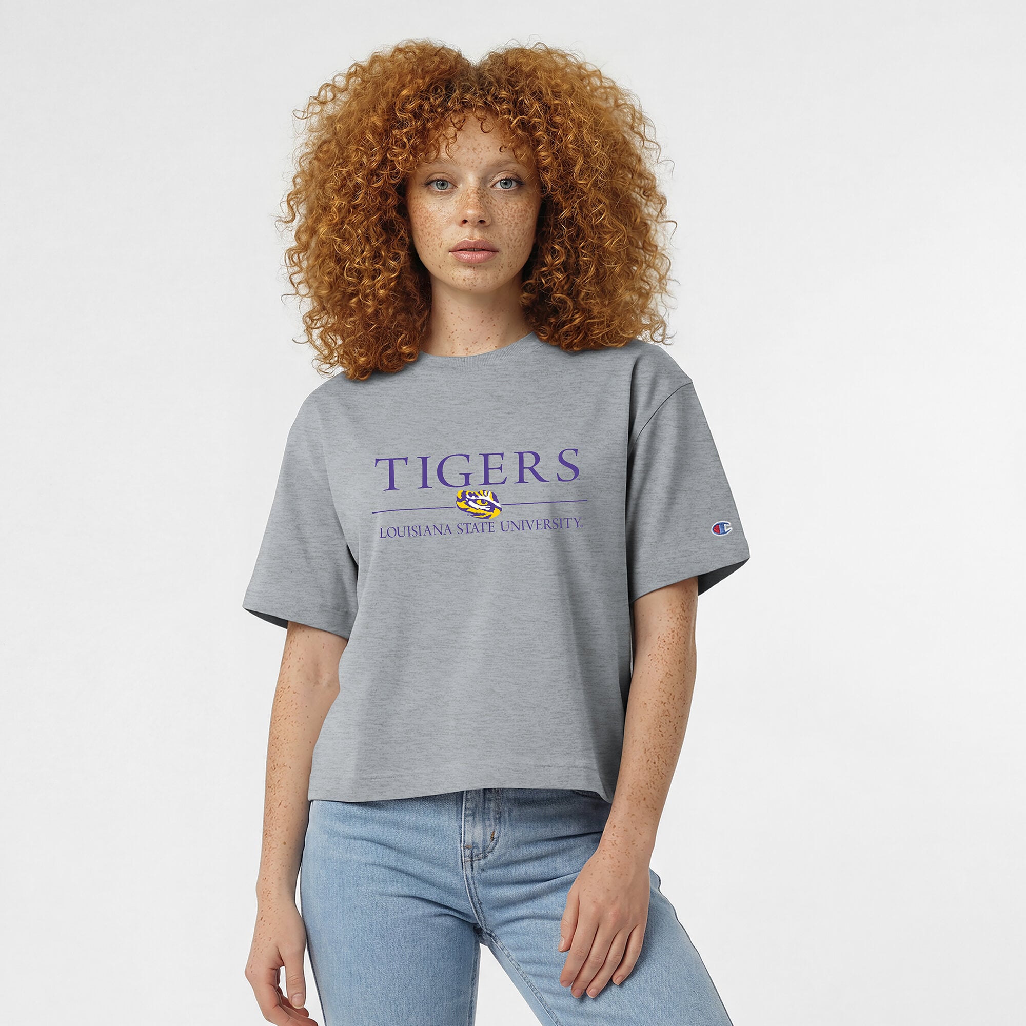 Women's Champion Gray LSU Tigers Waist Length Wordmark T-Shirt