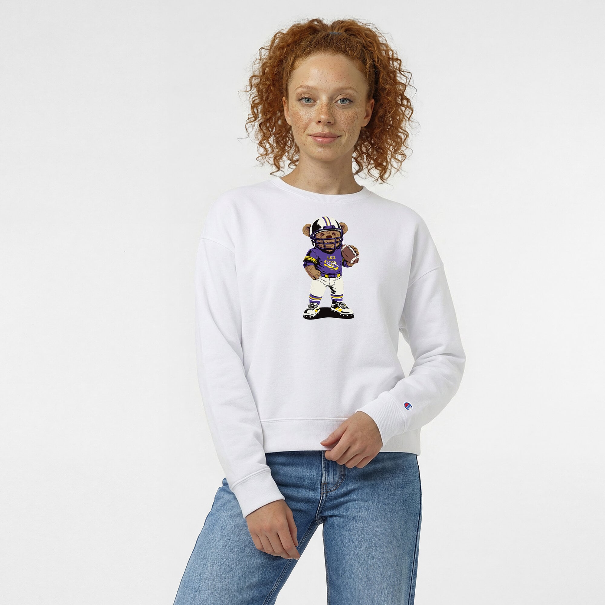 Women's Champion  White LSU Tigers Teddy Bear Sweatshirt