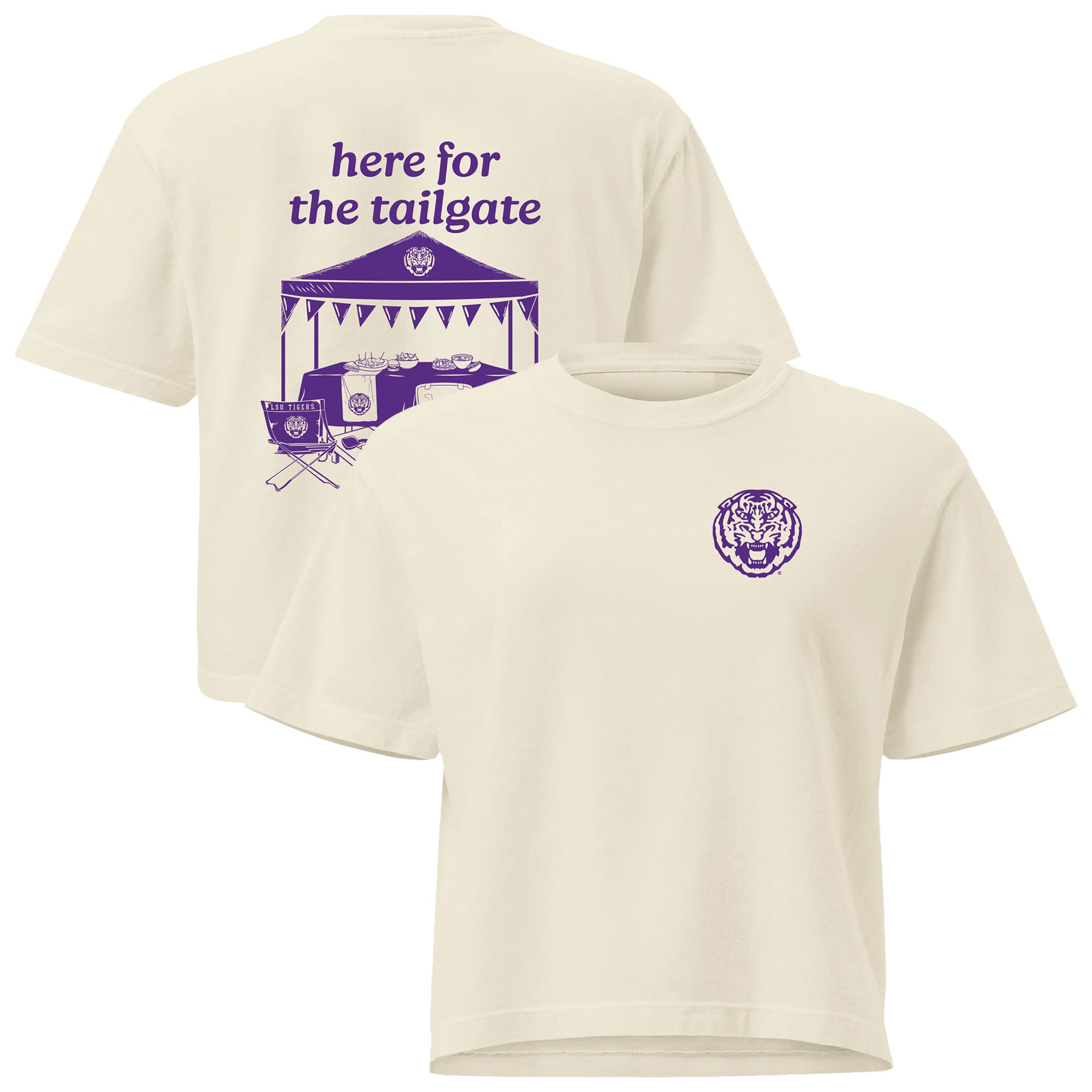 Women's Comfort Colors Cream LSU Tigers Here For The Tailgate Cropped T-Shirt