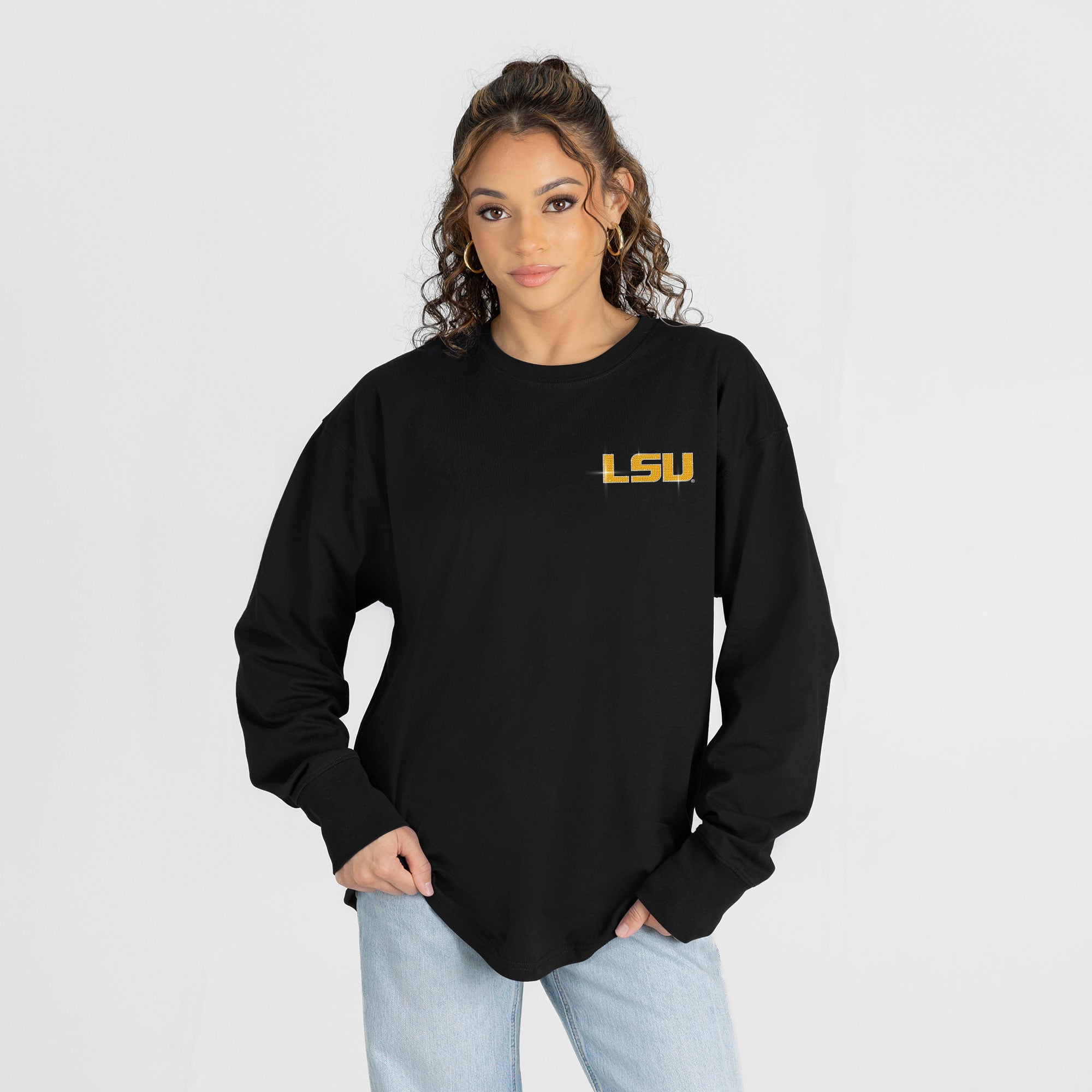 T-shirt à manches longues noir LSU Tigers Light It Up strass pour femmes, collection Gameday Couture