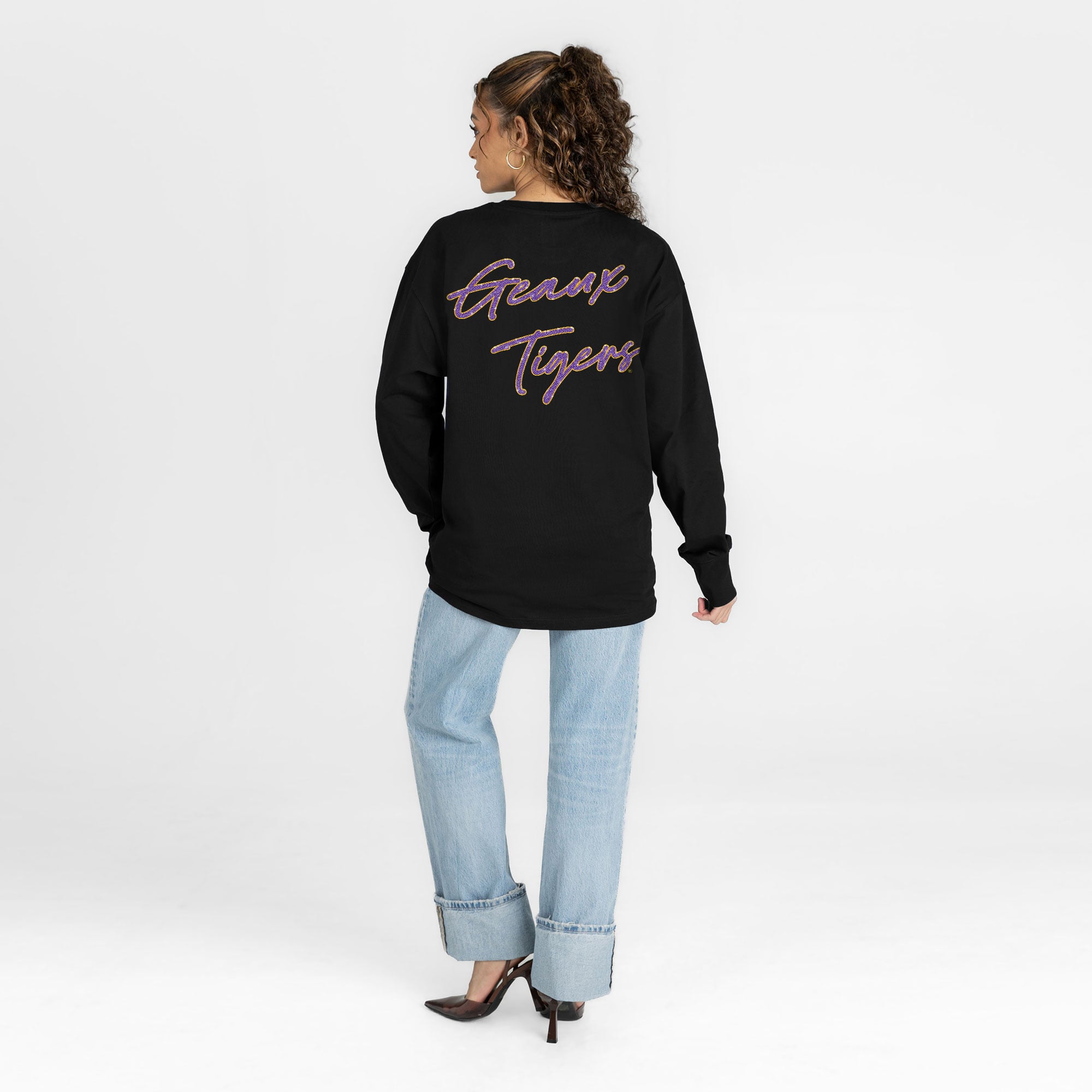 T-shirt à manches longues noir LSU Tigers Light It Up strass pour femmes, collection Gameday Couture