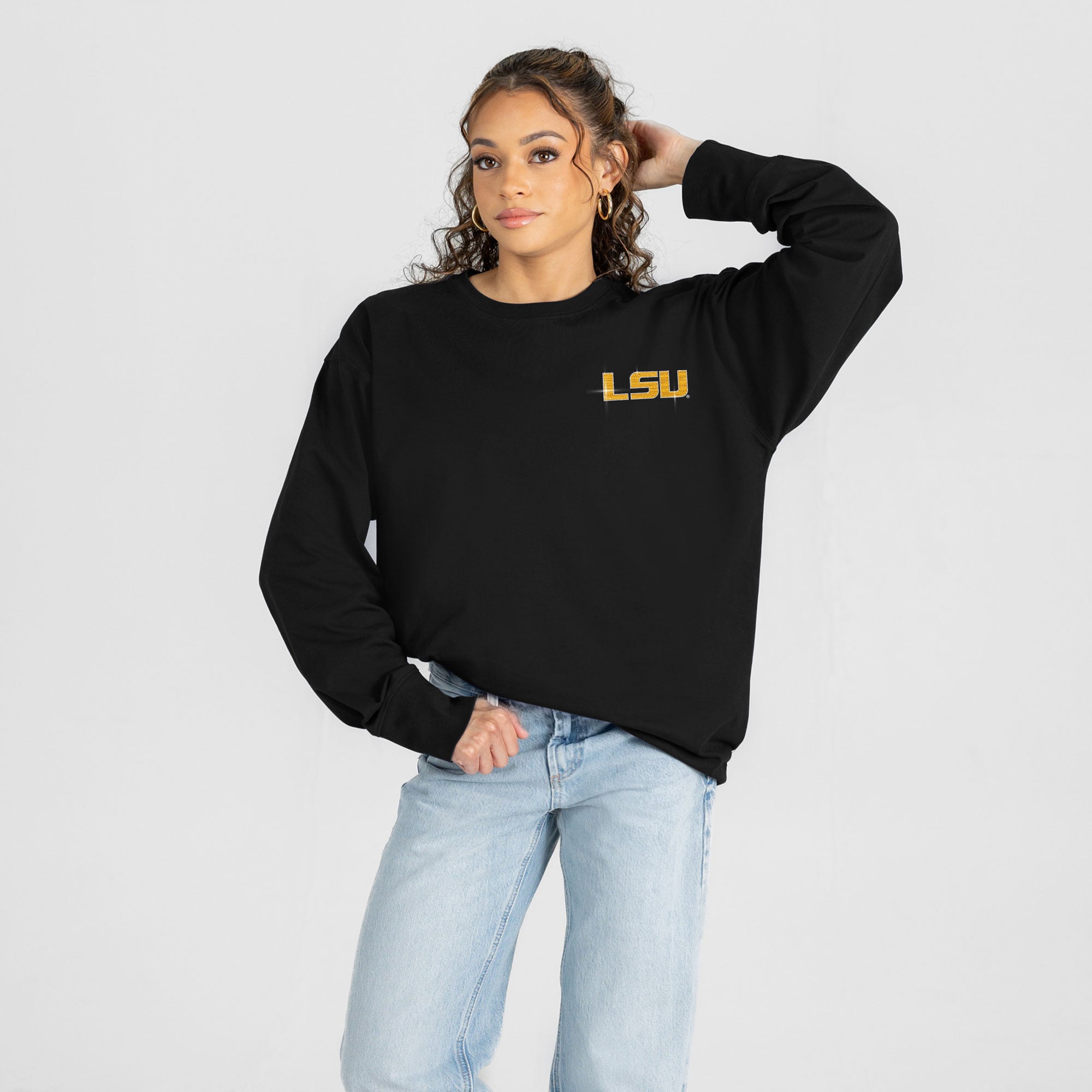 T-shirt à manches longues noir LSU Tigers Light It Up strass pour femmes, collection Gameday Couture