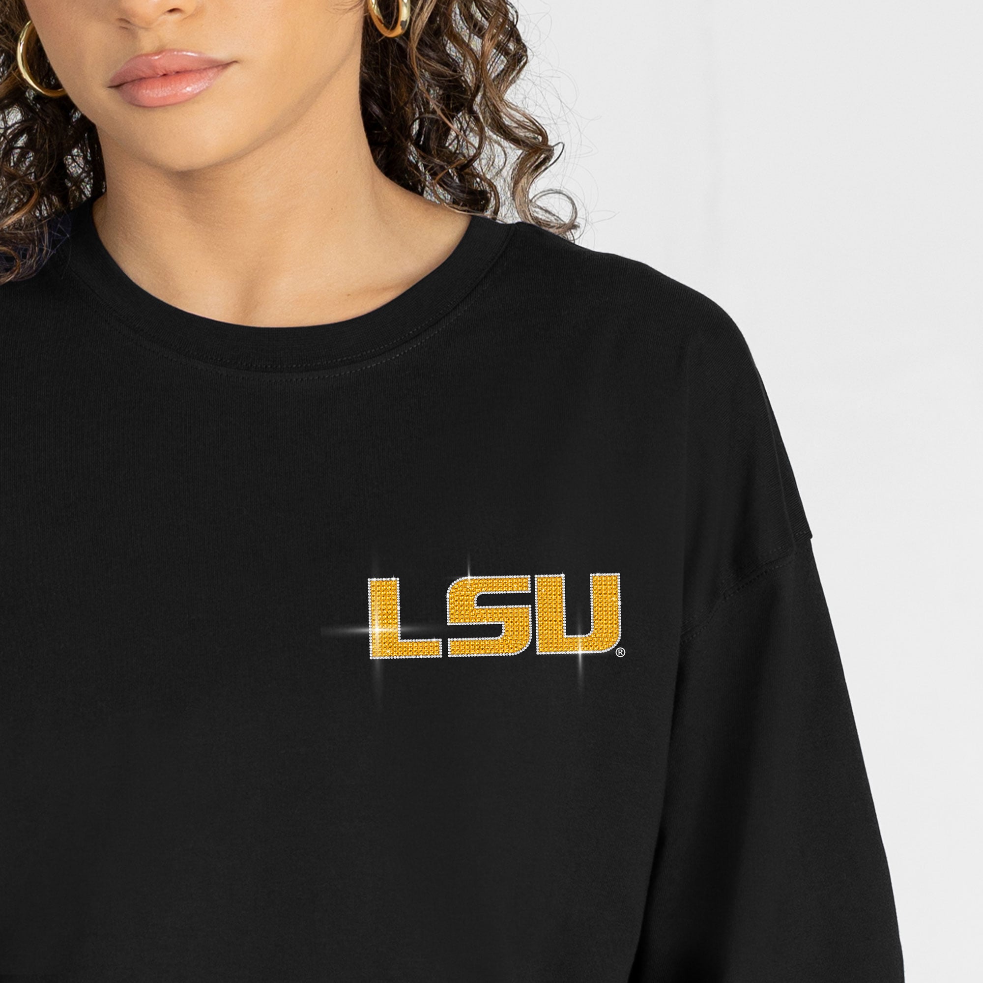 T-shirt à manches longues noir LSU Tigers Light It Up strass pour femmes, collection Gameday Couture