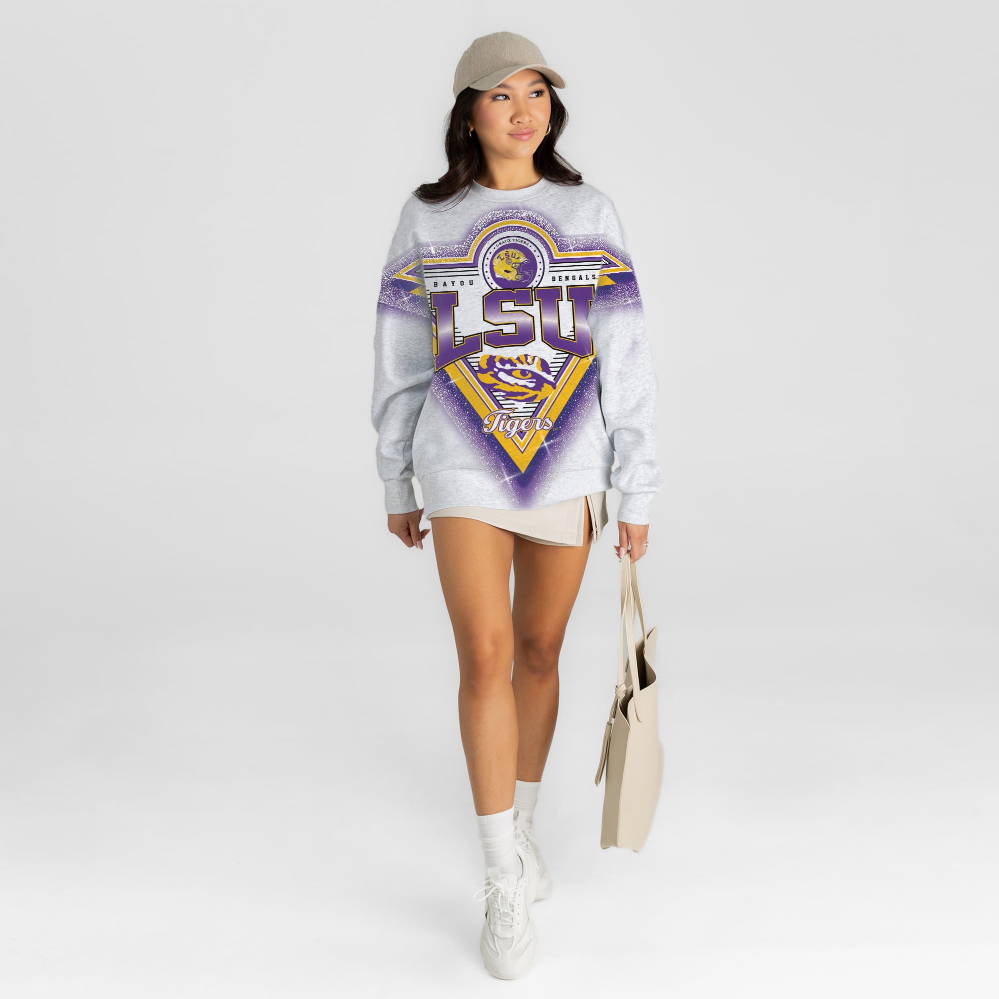 Women's Gameday Couture Gray LSU Tigers Chasing Victory Rhinestone Spray Oversized Fleece Sweatshirt