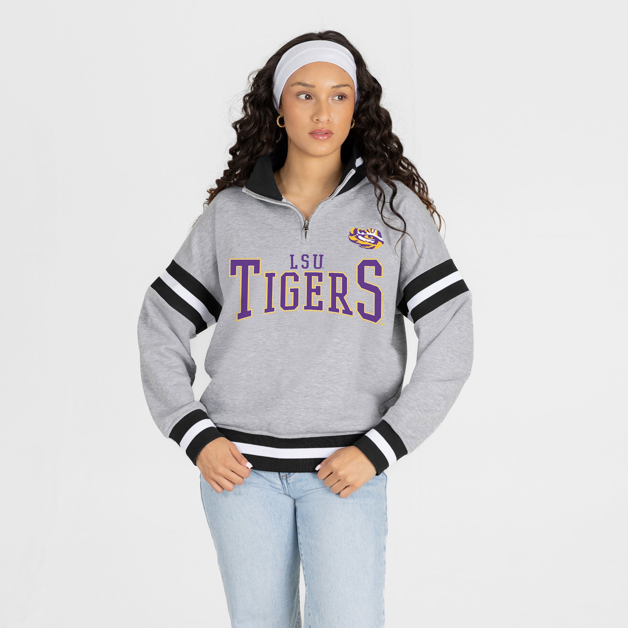 Pull à col zippé gris LSU Tigers Hold the Line pour femme, collection Gameday Couture