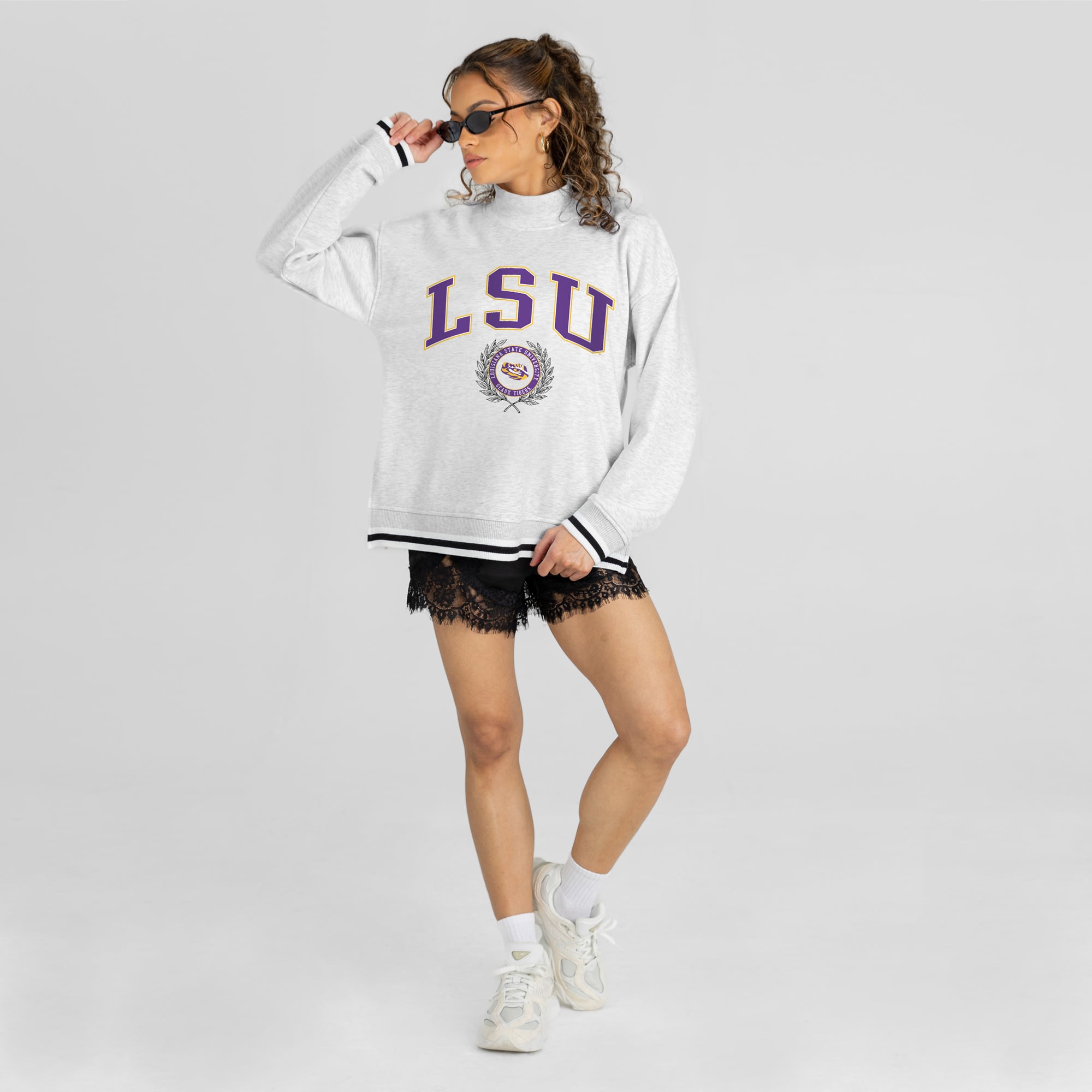 Women's Gameday Couture Gray LSU Tigers Rally Point Contrast Stripe Mock Neck Sweatshirt