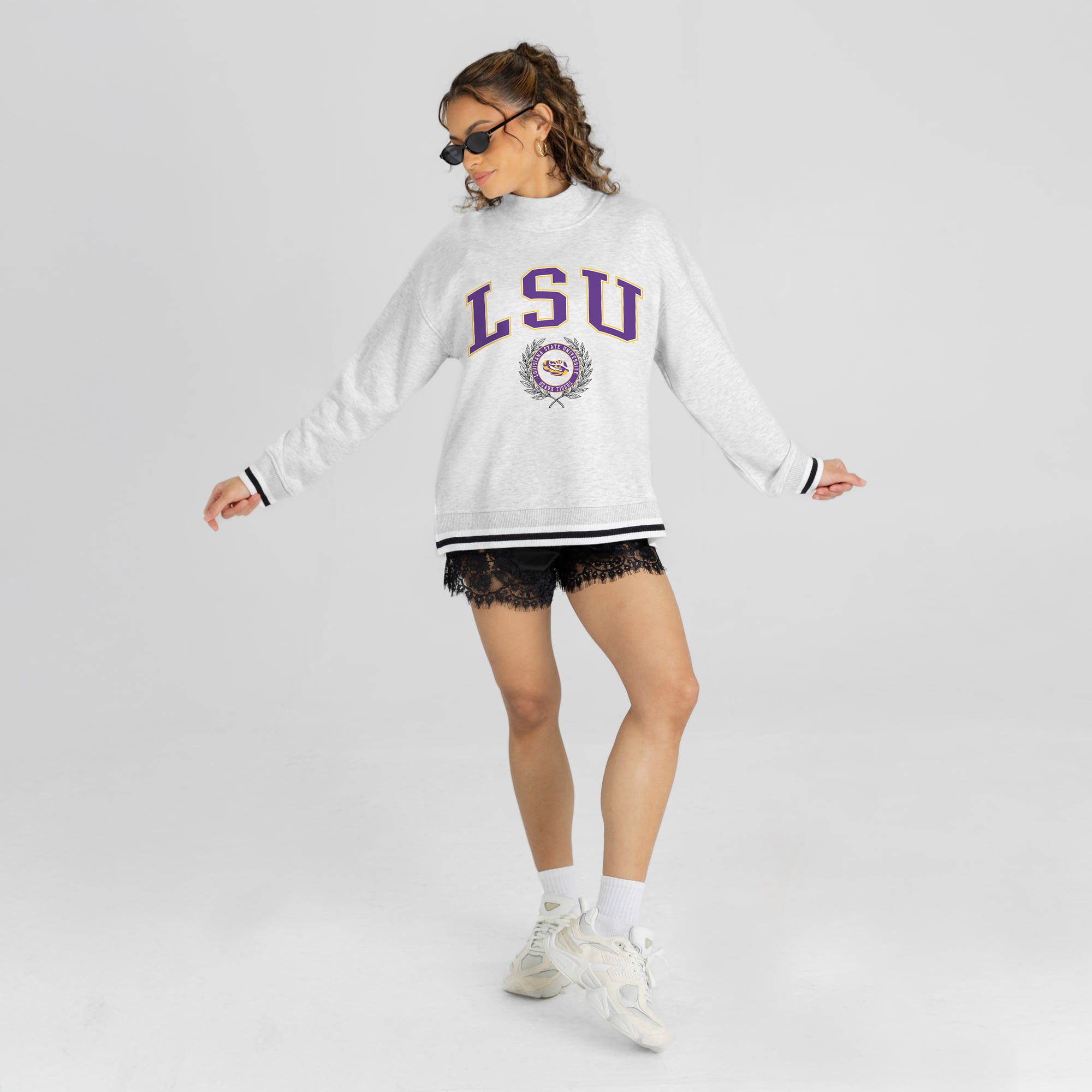 Women's Gameday Couture Gray LSU Tigers Rally Point Contrast Stripe Mock Neck Sweatshirt