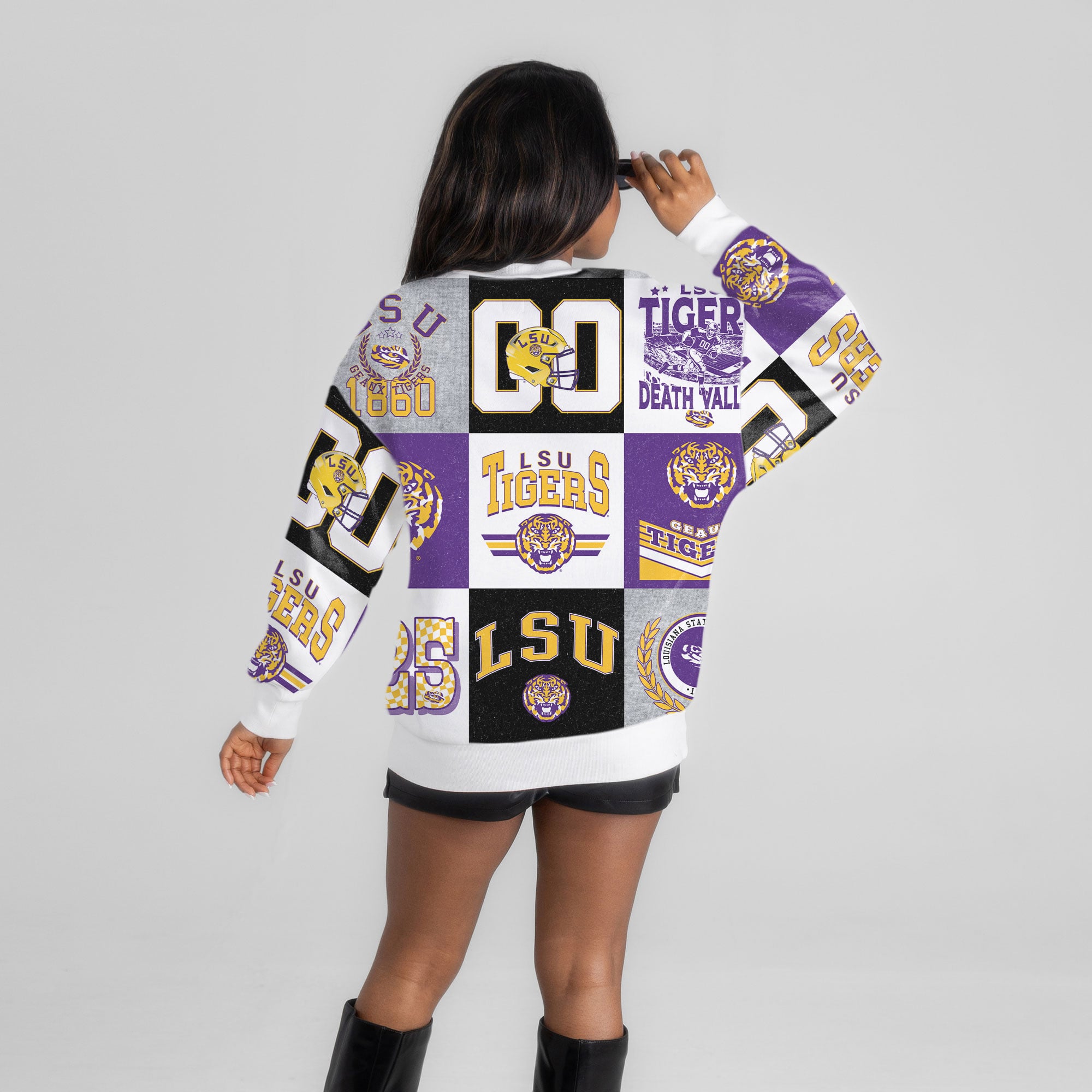 Pull à manches longues patchwork violet LSU Tigers Highlight Reel pour femme, style Gameday Couture