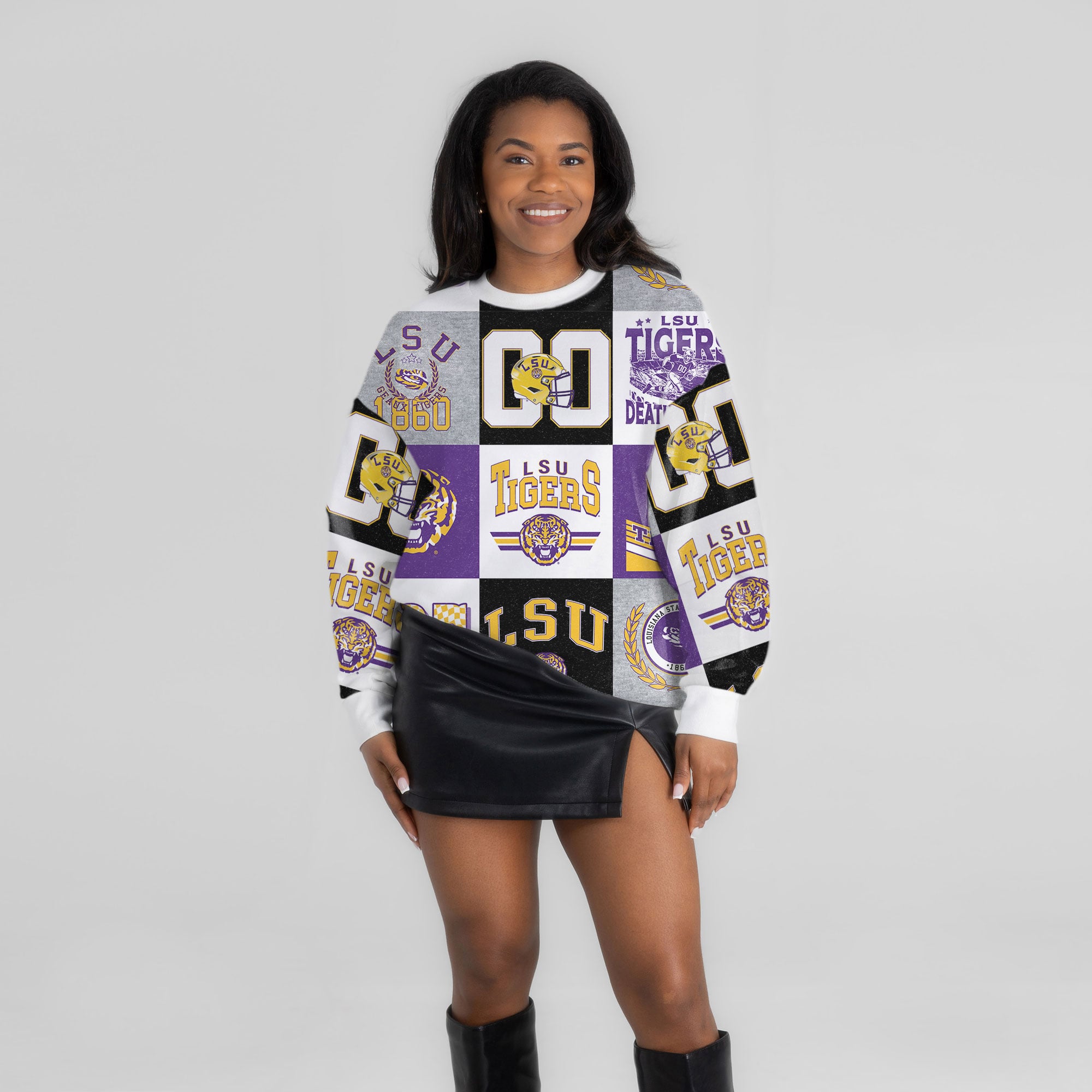 Pull à manches longues patchwork violet LSU Tigers Highlight Reel pour femme, style Gameday Couture