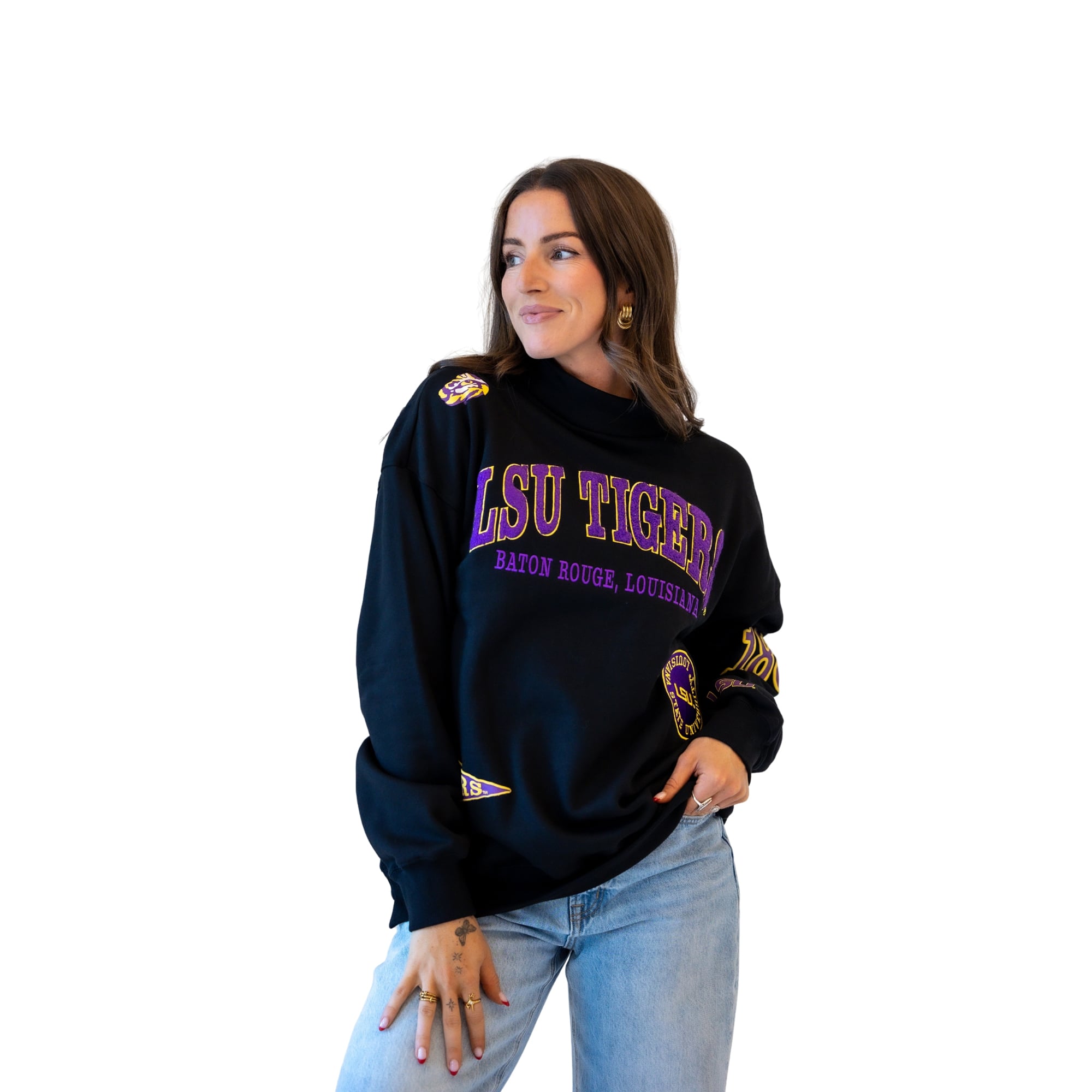 Sweat-shirt à col montant noir écusson LSU Tigers pour femmes, collection Gameday Social