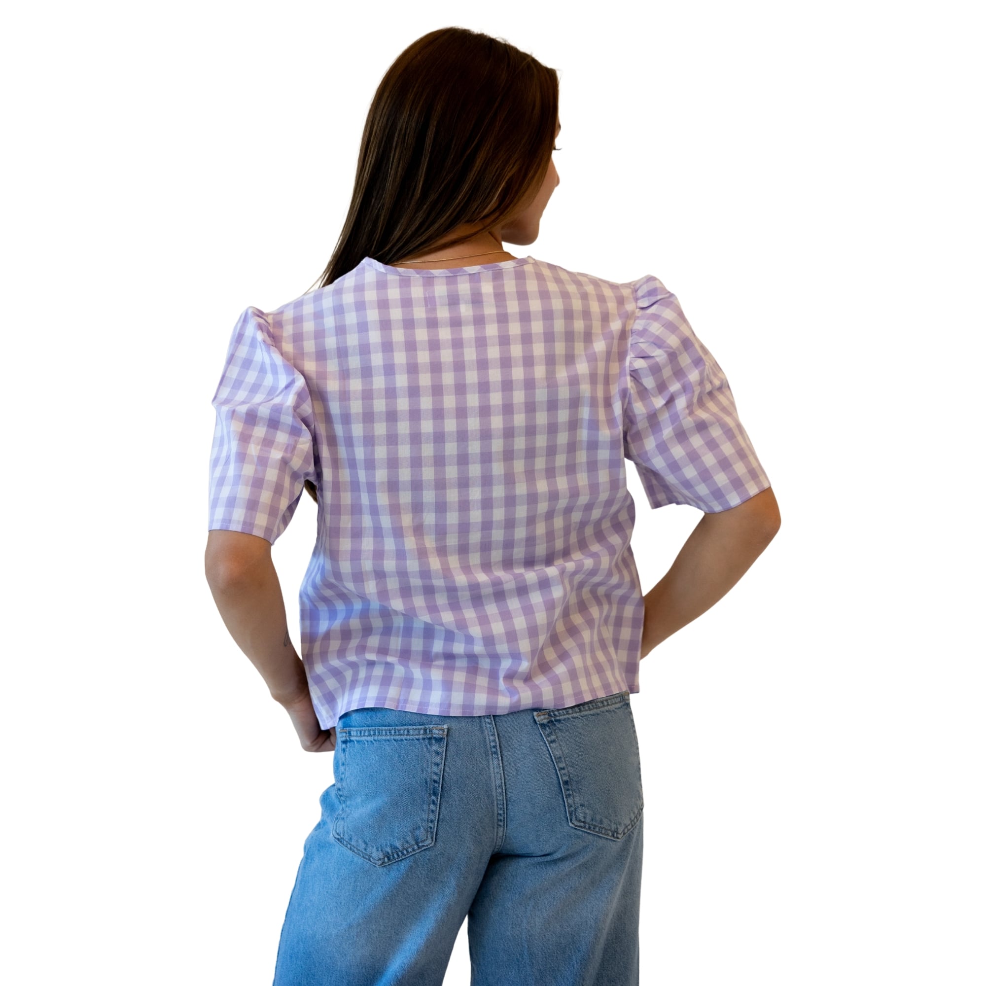 Blouse à carreaux vichy lavande pour femme, style LSU Tigers, idéale les jours de match.