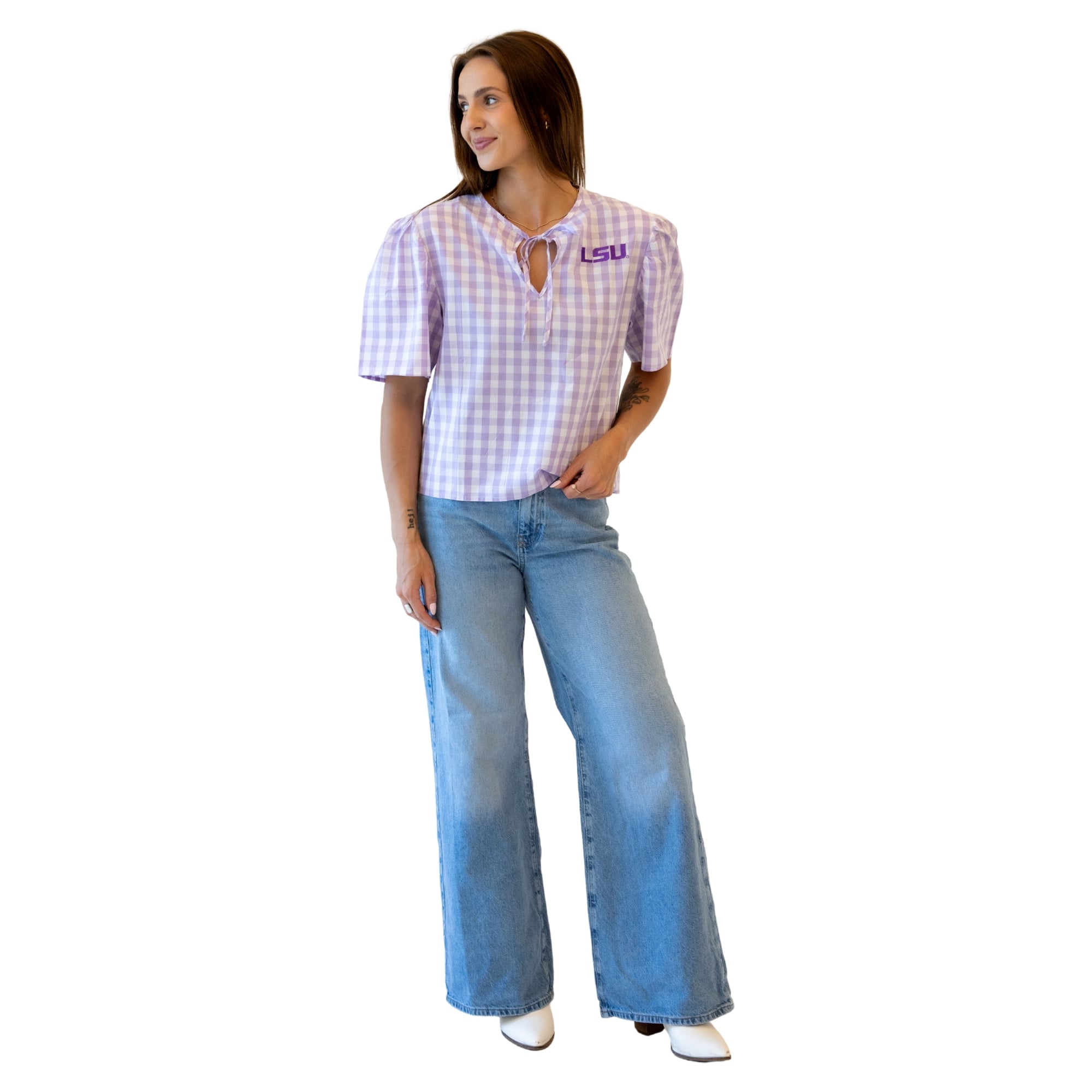 Blouse à carreaux vichy lavande pour femme, style LSU Tigers, idéale les jours de match.