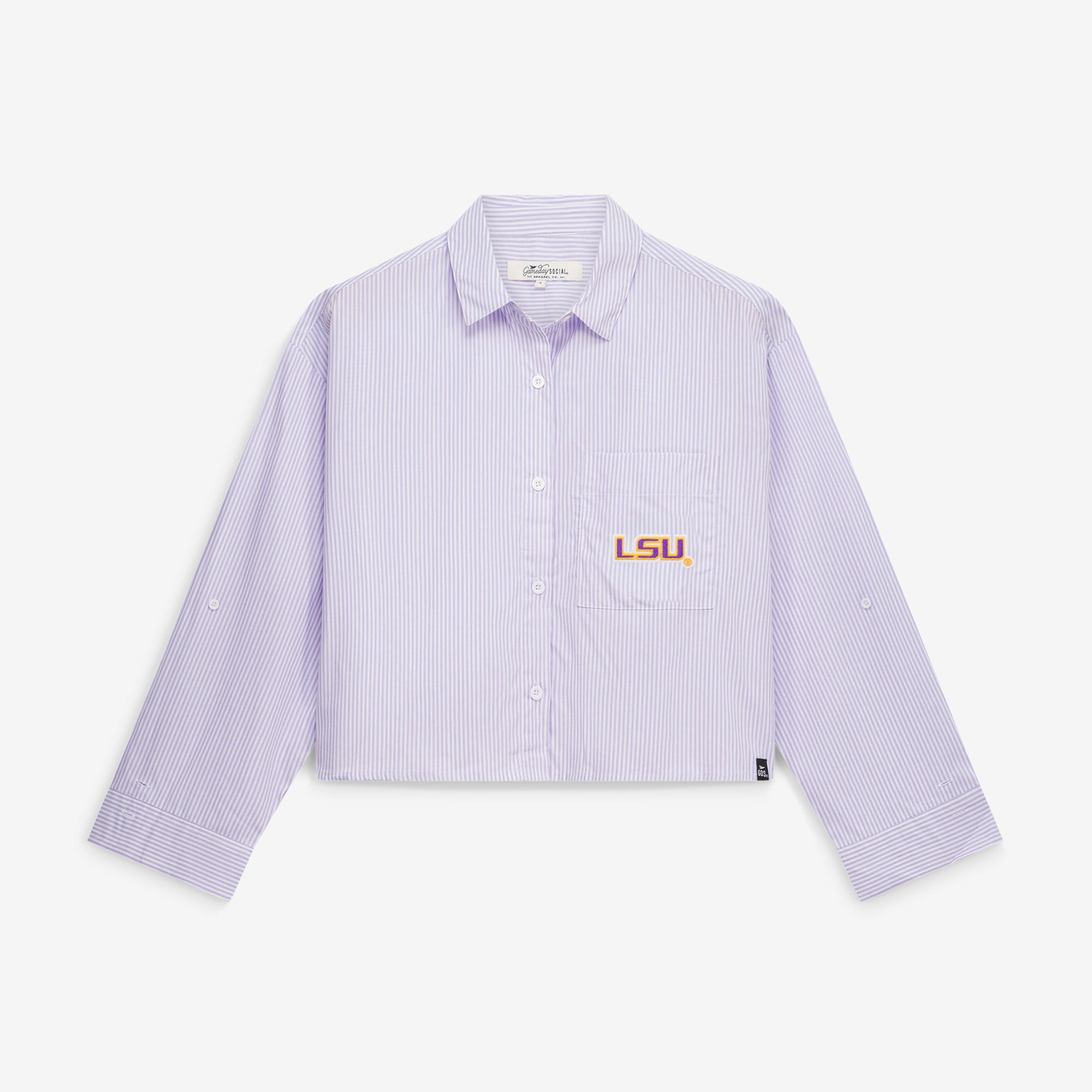 Chemise boutonnée rayée courte lavande LSU Tigers pour femmes, idéale les jours de match.