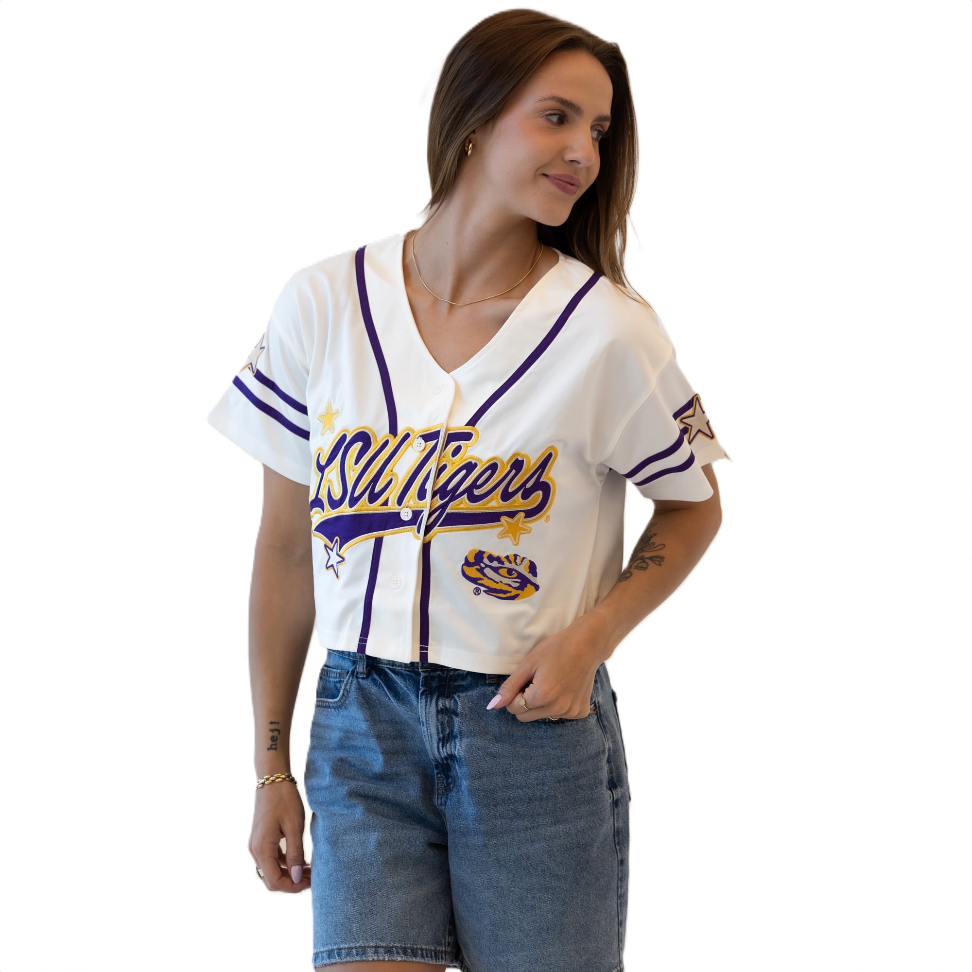 Maillot de baseball court à patch Off White LSU Tigers pour femmes, idéal les journées match.