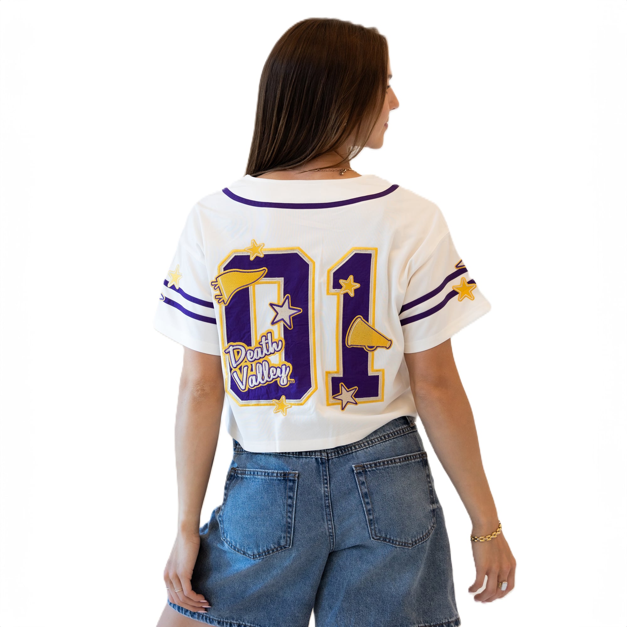 Maillot de baseball court à patch Off White LSU Tigers pour femmes, idéal les journées match.