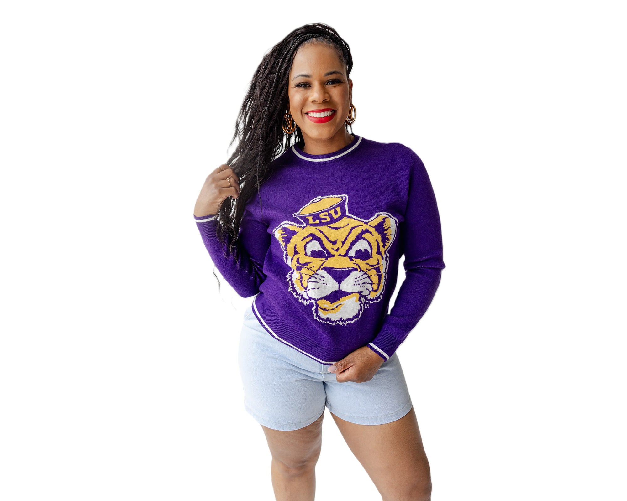 Pull-over violet à motif mascotte LSU Tigers pour femmes, idéal les jours de match.