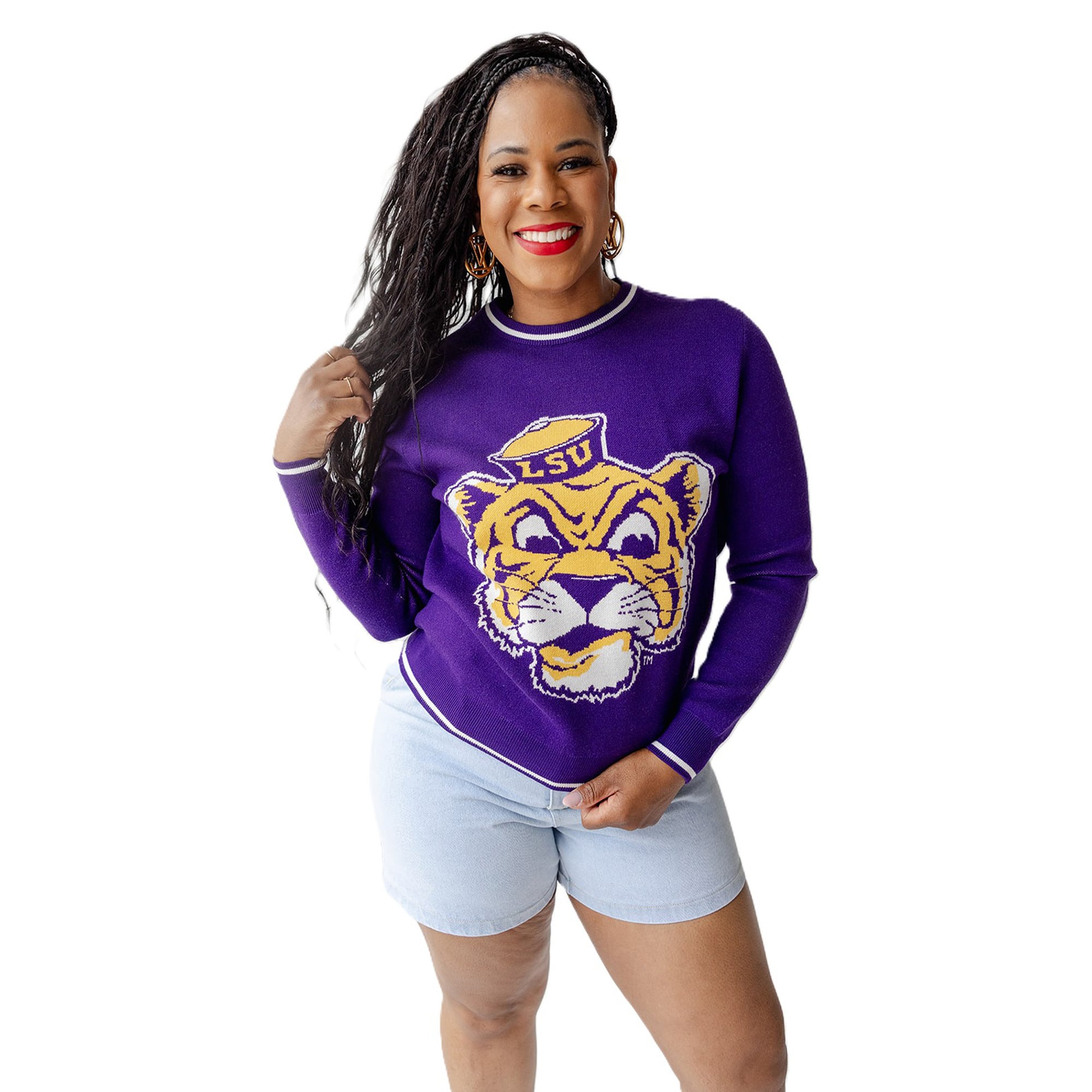 Pull-over violet à motif mascotte LSU Tigers pour femmes, idéal les jours de match.