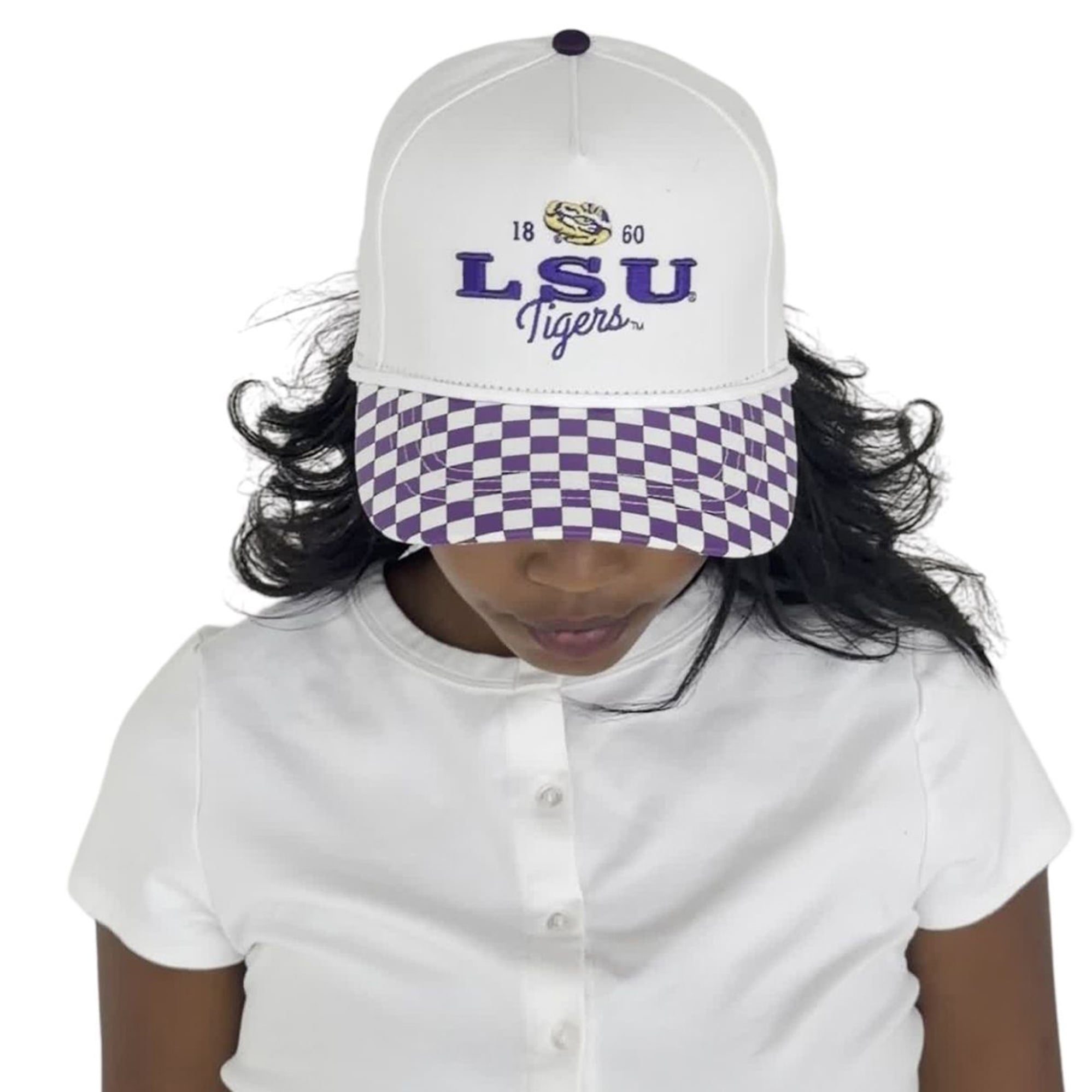 Casquette ajustable à 5 panneaux blanche à carreaux Albon des LSU Tigers pour femmes, idéale pour les jours de match.
