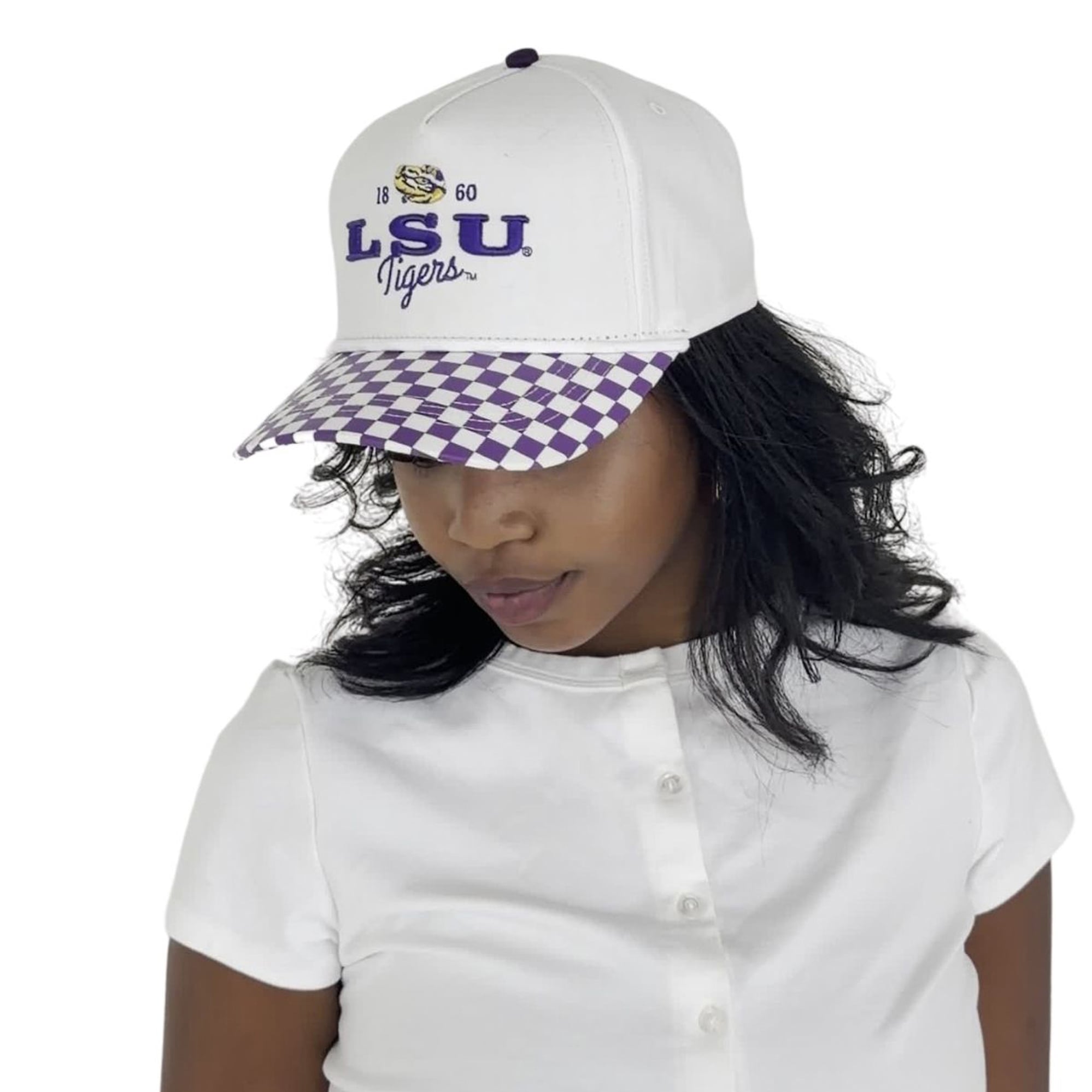 Casquette ajustable à 5 panneaux blanche à carreaux Albon des LSU Tigers pour femmes, idéale pour les jours de match.