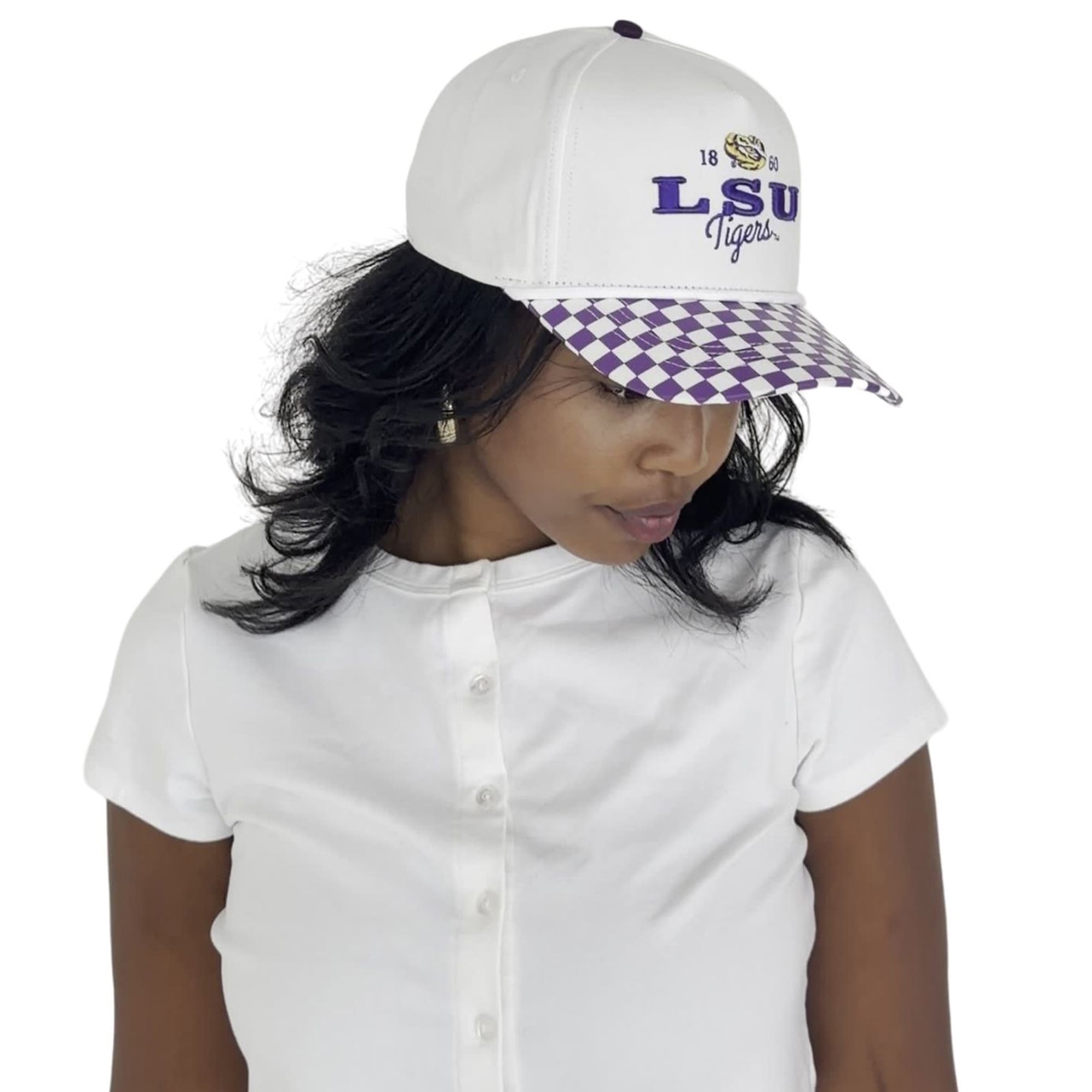 Casquette ajustable à 5 panneaux blanche à carreaux Albon des LSU Tigers pour femmes, idéale pour les jours de match.