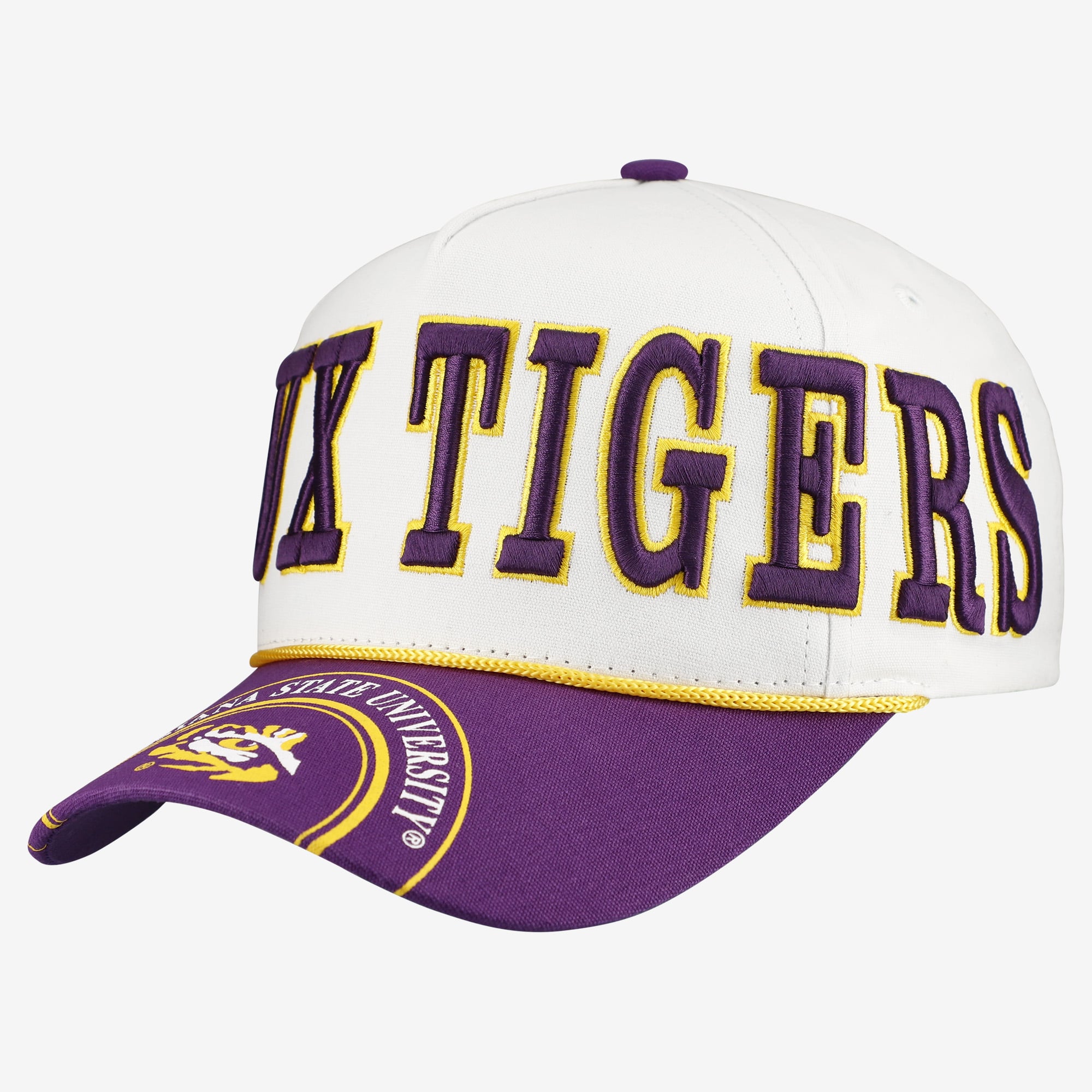 Casquette ajustable à cinq panneaux blanche et violette LSU Tigers pour femmes, idéale pour les jours de match.