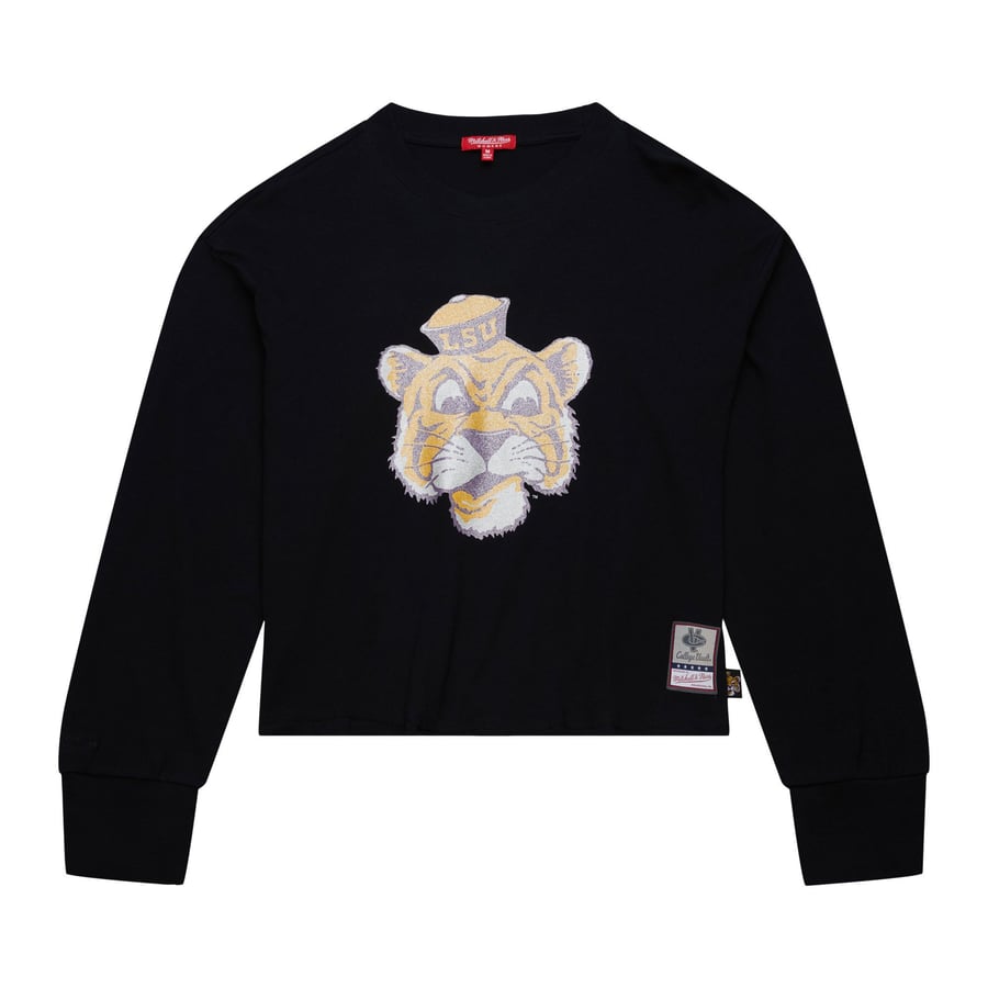 Womens Mitchell & Ness BLK L.S.U. Glitter Logo Crop LS Tee