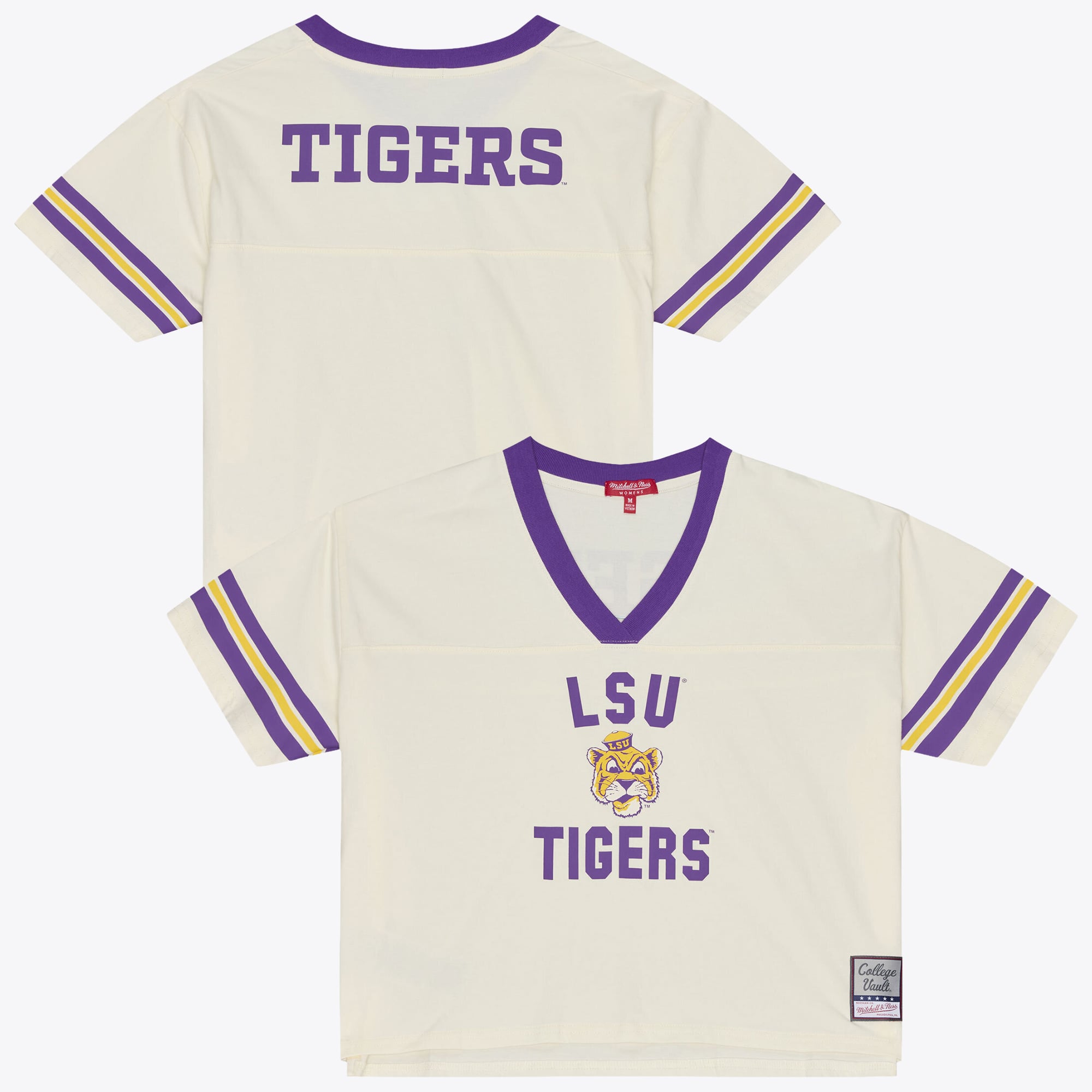 Women's Mitchell & Ness Cream LSU Tigers Retro Roots Crop Boxy Yoke T-Shirt