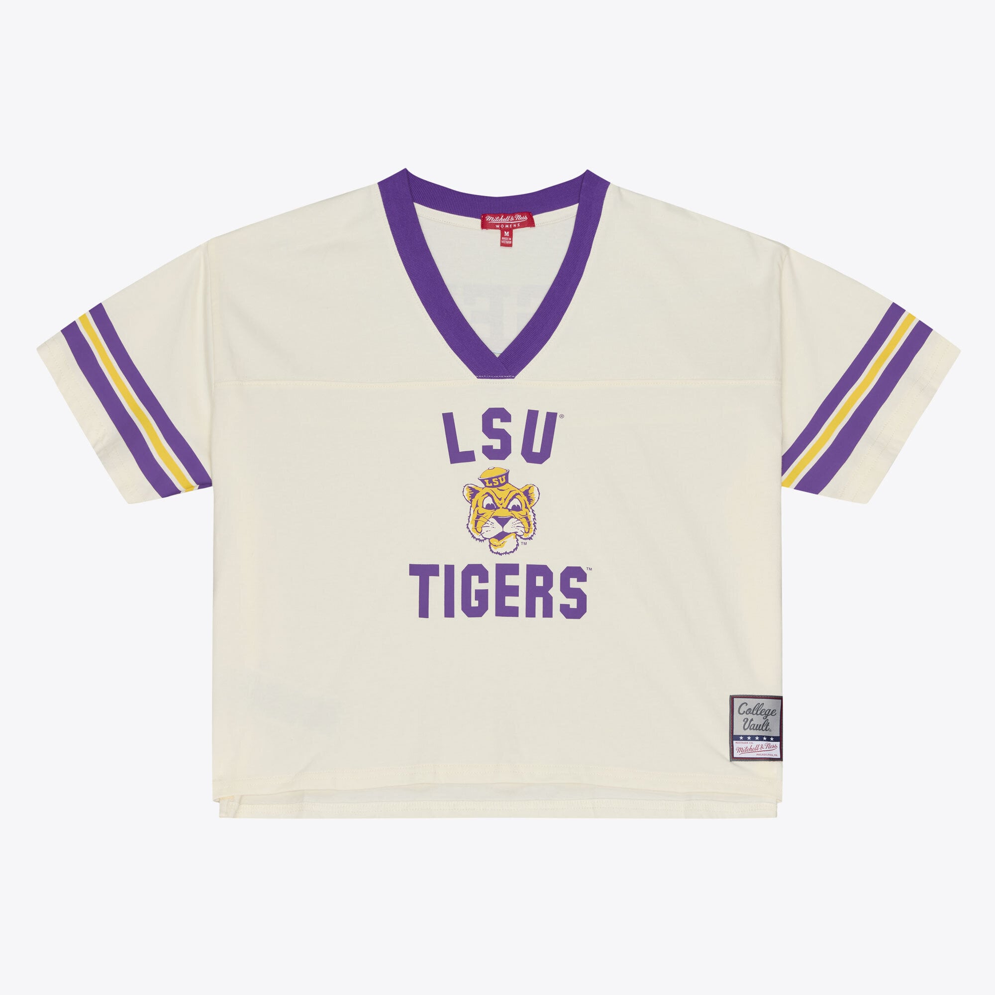 Women's Mitchell & Ness Cream LSU Tigers Retro Roots Crop Boxy Yoke T-Shirt