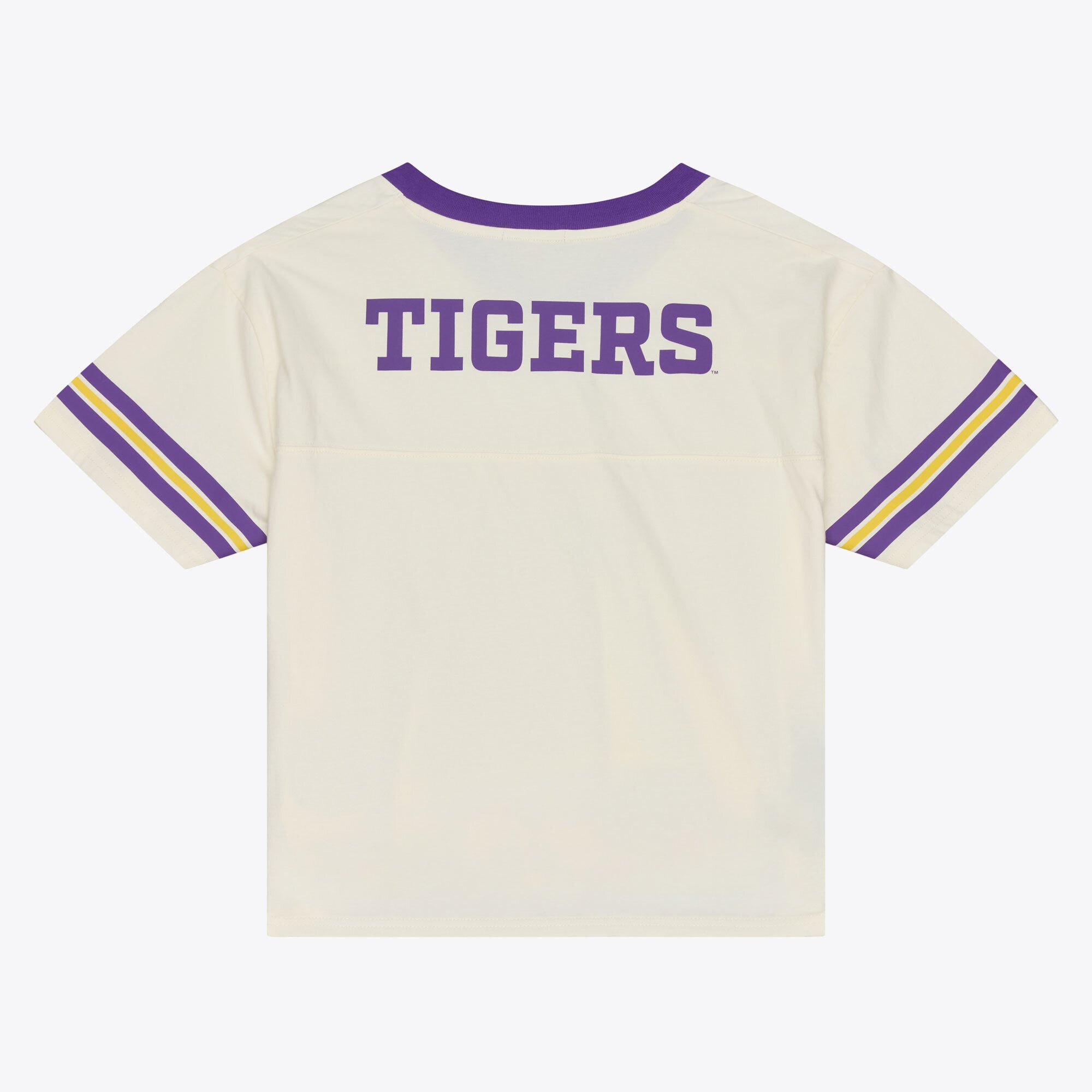 Women's Mitchell & Ness Cream LSU Tigers Retro Roots Crop Boxy Yoke T-Shirt