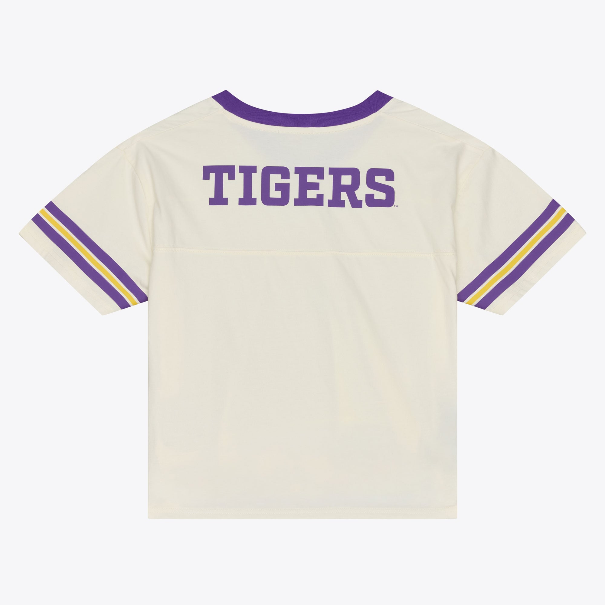T-shirt court à empiècement carré Mitchell & Ness crème pour femme, modèle LSU Tigers Retro Roots
