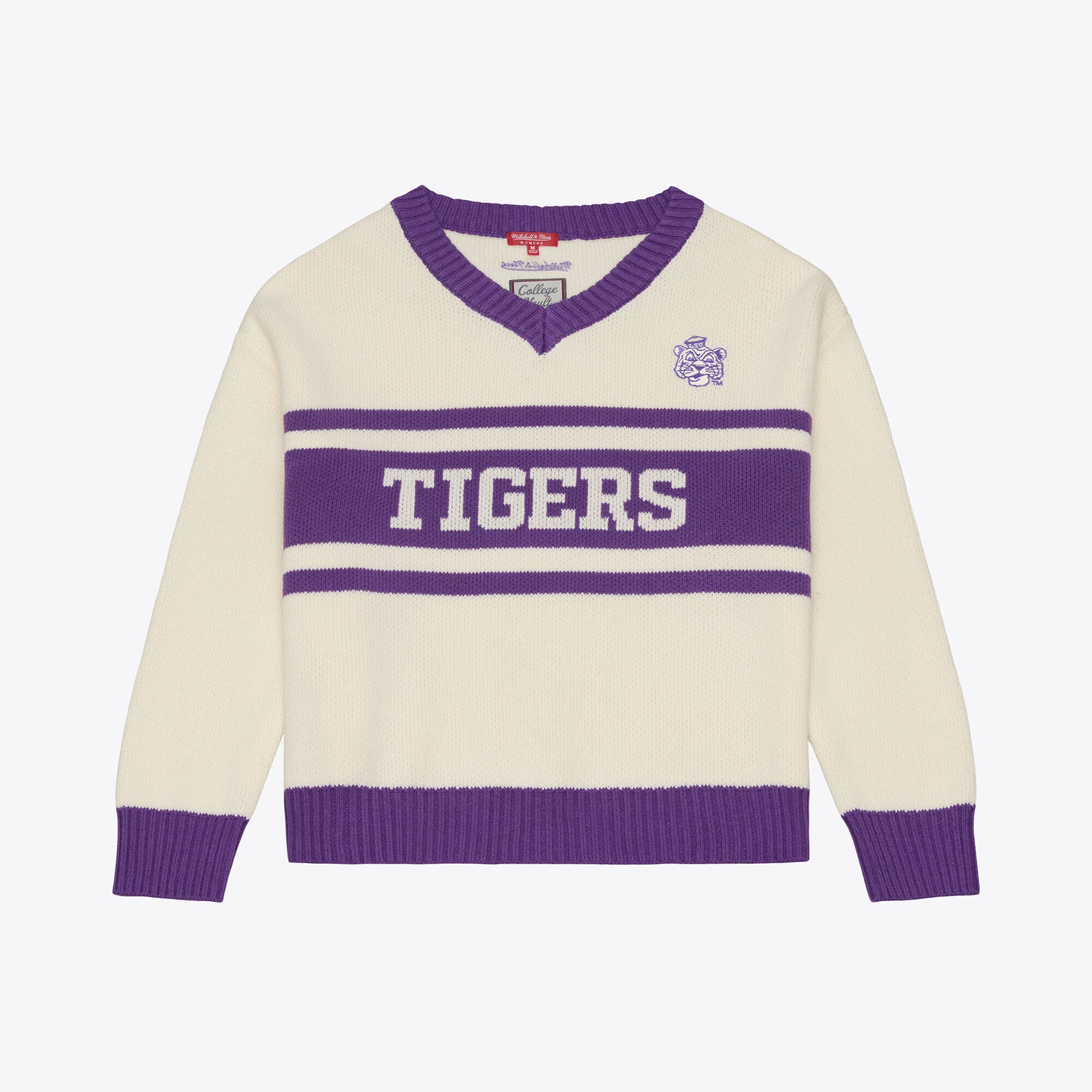 Women's Mitchell & Ness Cream LSU Tigers Retro Roots V-Neck Sweater