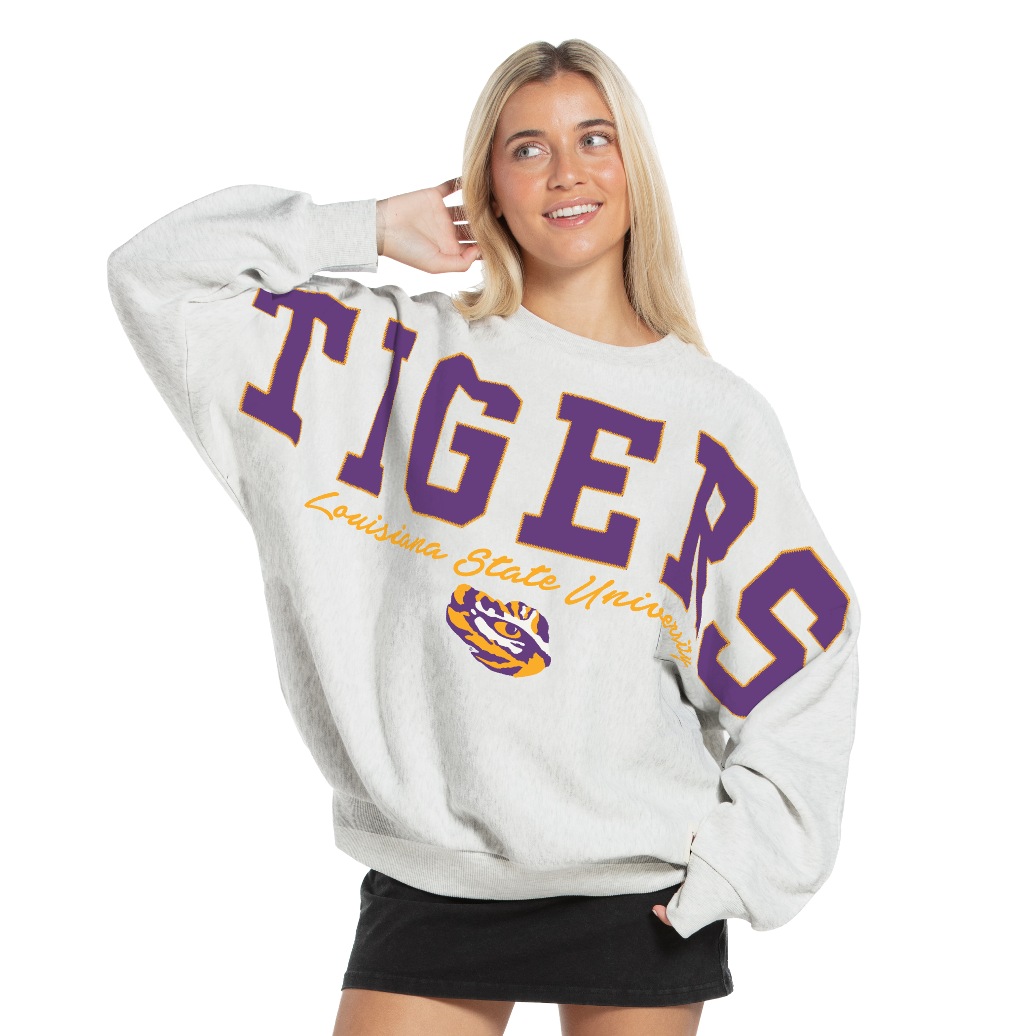 Sweat-shirt oversize en flanelle gris chiné LSU Tigers pour femme, modèle Pressbox.