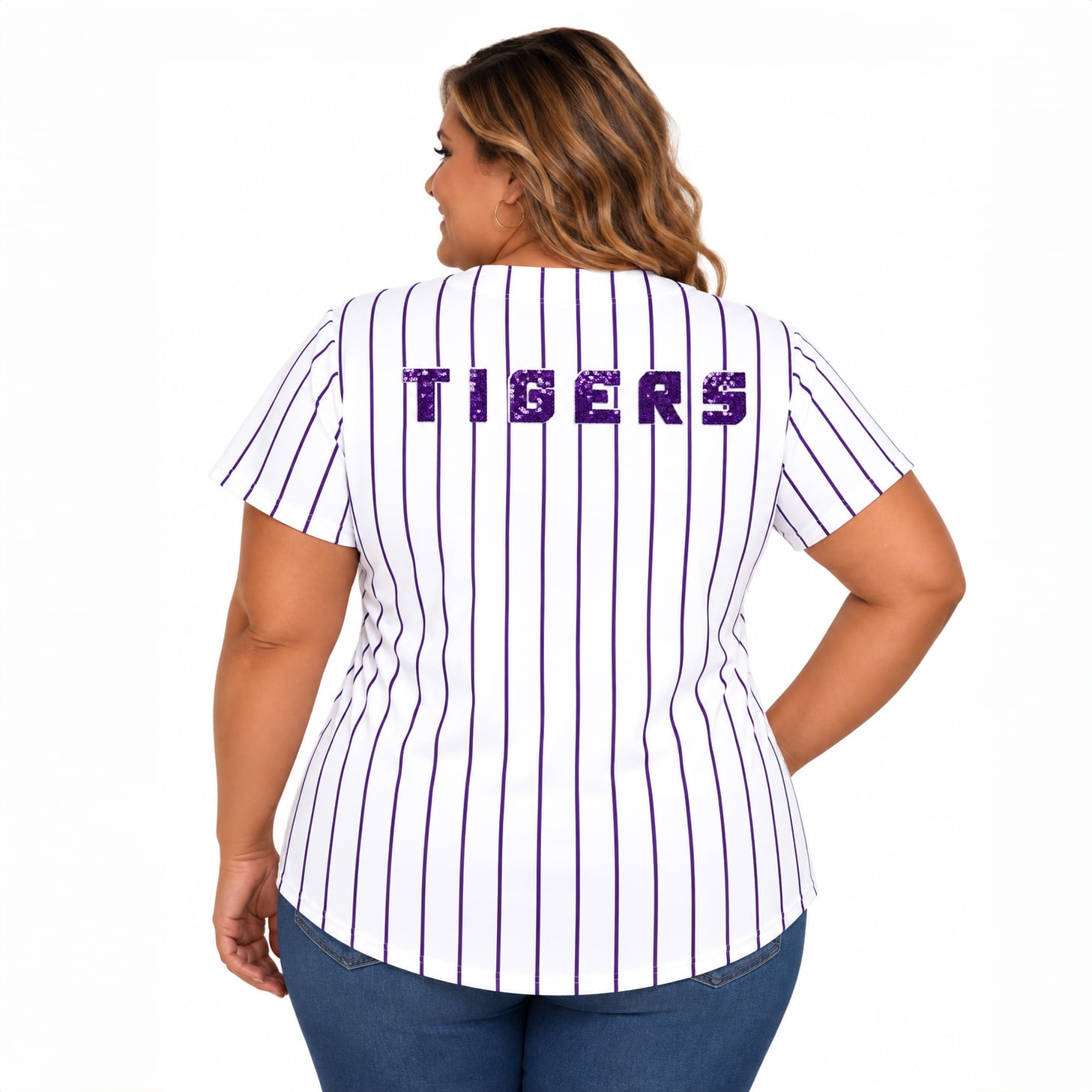 Women's Profile White/Purple LSU Tigers Plus Stripe Glitter Button-Up Fashion Jersey Top