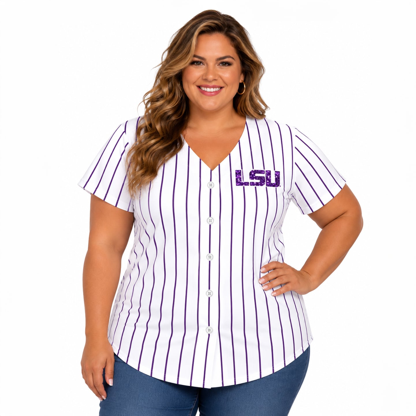 Women's Profile White/Purple LSU Tigers Plus Stripe Glitter Button-Up Fashion Jersey Top