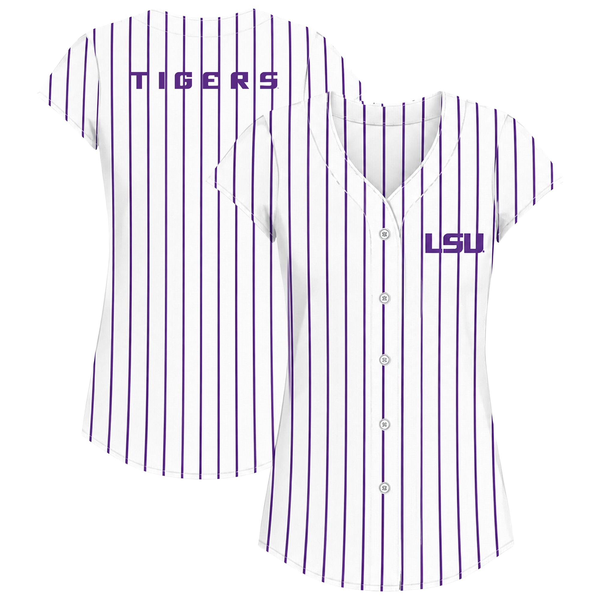 Women's Profile White/Purple LSU Tigers Plus Stripe Glitter Button-Up Fashion Jersey Top