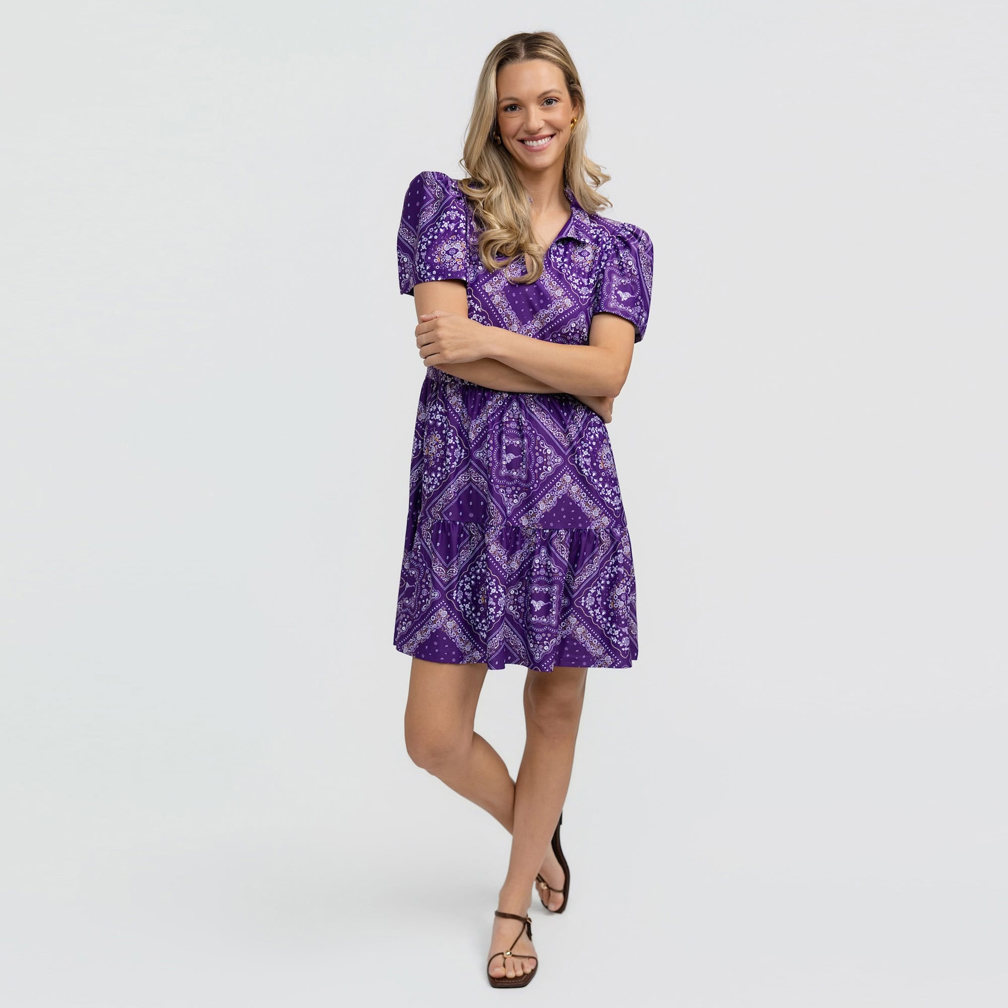 Robe à volants imprimée bandana violette Smith & Quinn pour femme, motif LSU Tigers