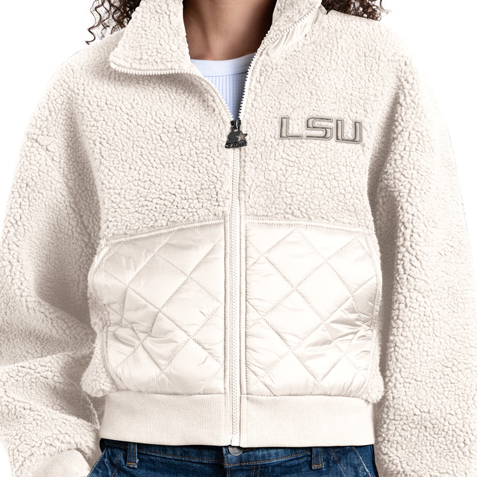 Veste zippée intégrale Starter blanche pour femme, modèle Journeyman Sherpa des LSU Tigers.