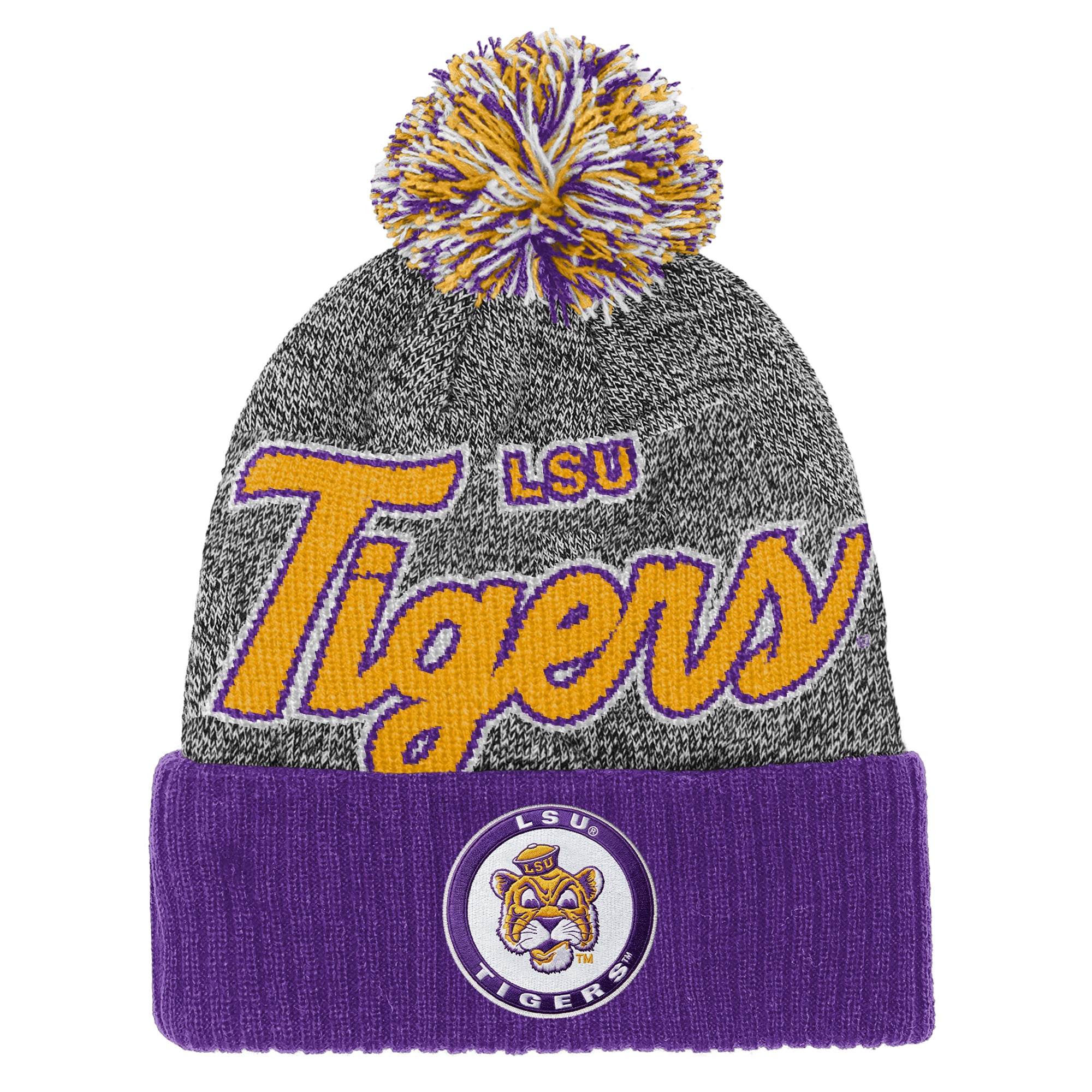 Bonnet à revers Mitchell & Ness violet pour enfant, à l'effigie de la mascotte des LSU Tigers et orné d'un pompon.